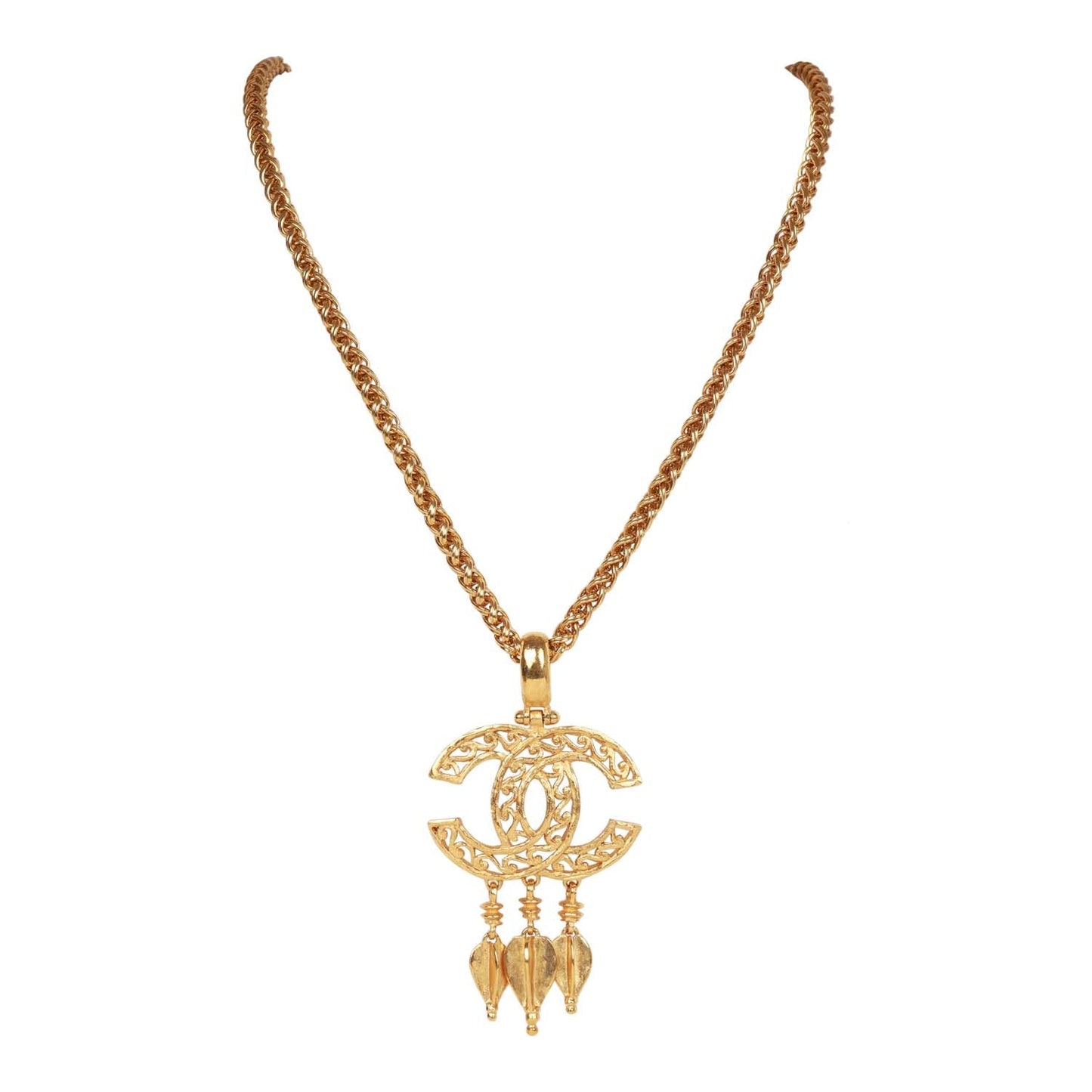 Chanel Vintage 24K Gold Plated Filigree Cut-Out CC Pendant Necklace