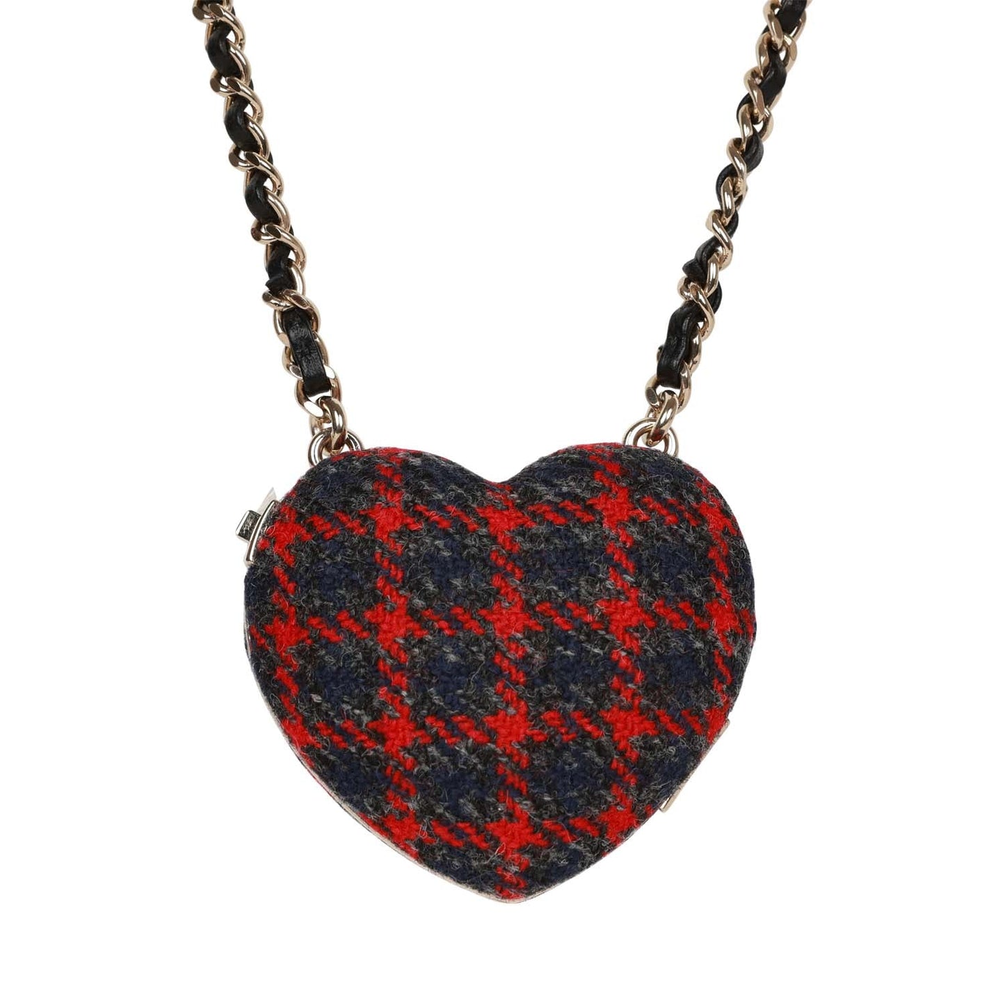 Chanel Red and Blue Plaid Heart Necklace Locket Light Gold Hardware