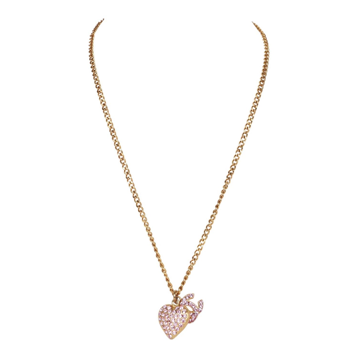 Chanel Vintage Gold Plated Pink Rhinestone CC Heart Pendant Necklace