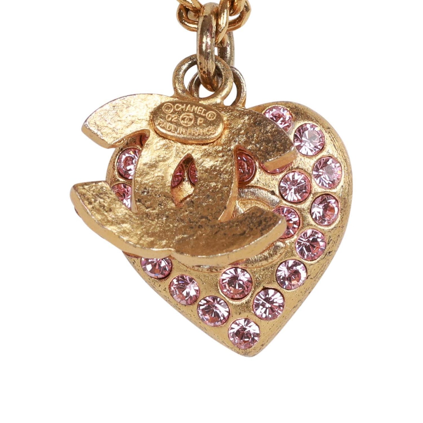 Chanel Vintage Gold Plated Pink Rhinestone CC Heart Pendant Necklace