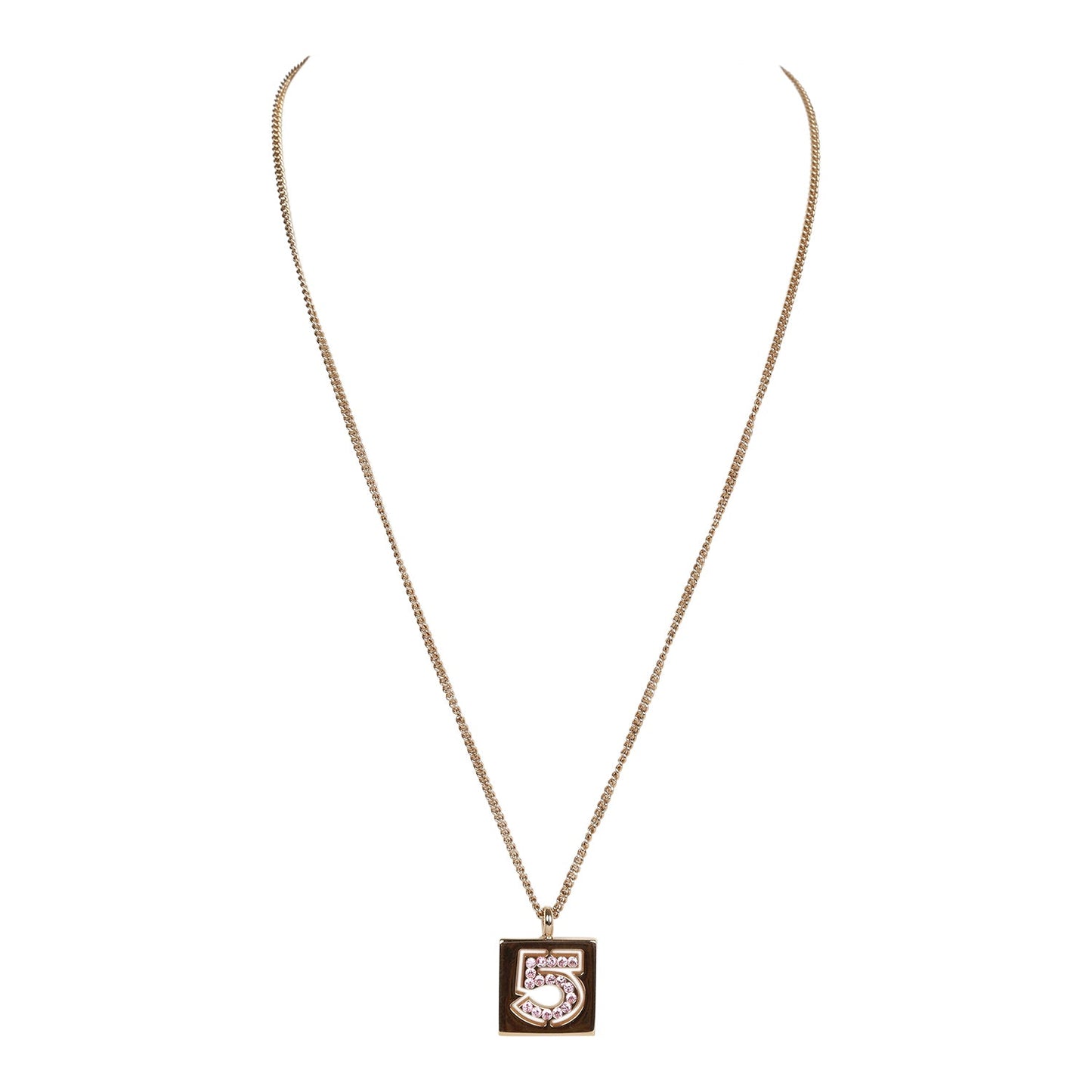 Chanel Vintage 24K Gold Plated Pink No.5 Rhinestone Pendant Necklace
