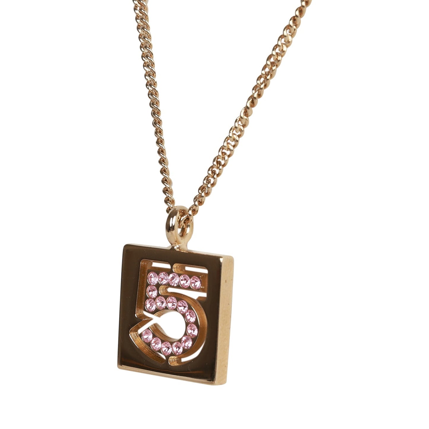 Chanel Vintage 24K Gold Plated Pink No.5 Rhinestone Pendant Necklace