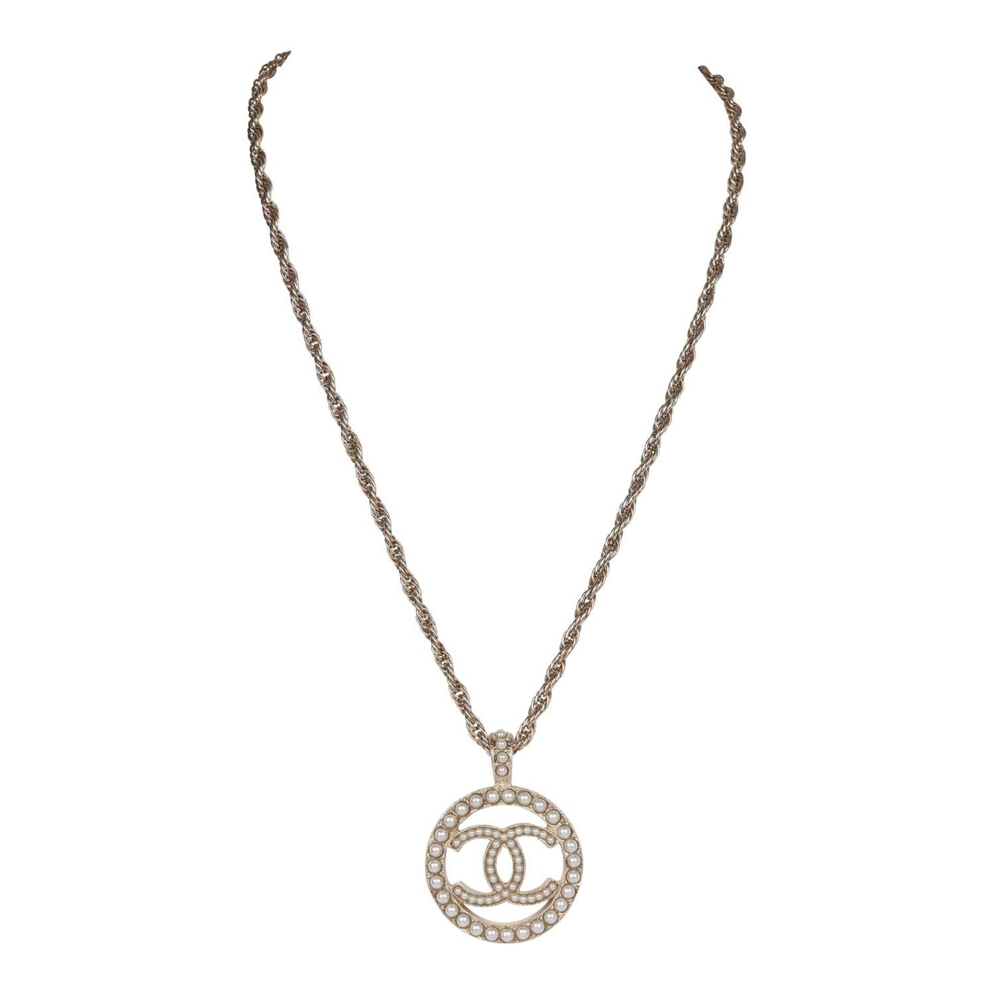 Chanel Large Logo Pearl and Light Gold Metal Pendant Necklace