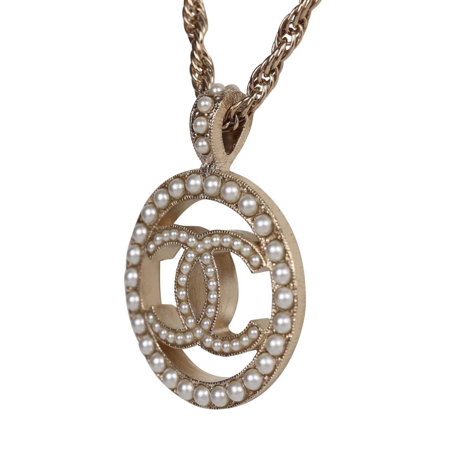 Chanel Large Logo Pearl and Light Gold Metal Pendant Necklace