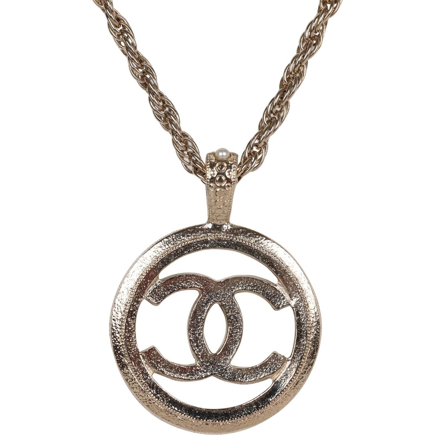 Chanel Large Logo Pearl and Light Gold Metal Pendant Necklace