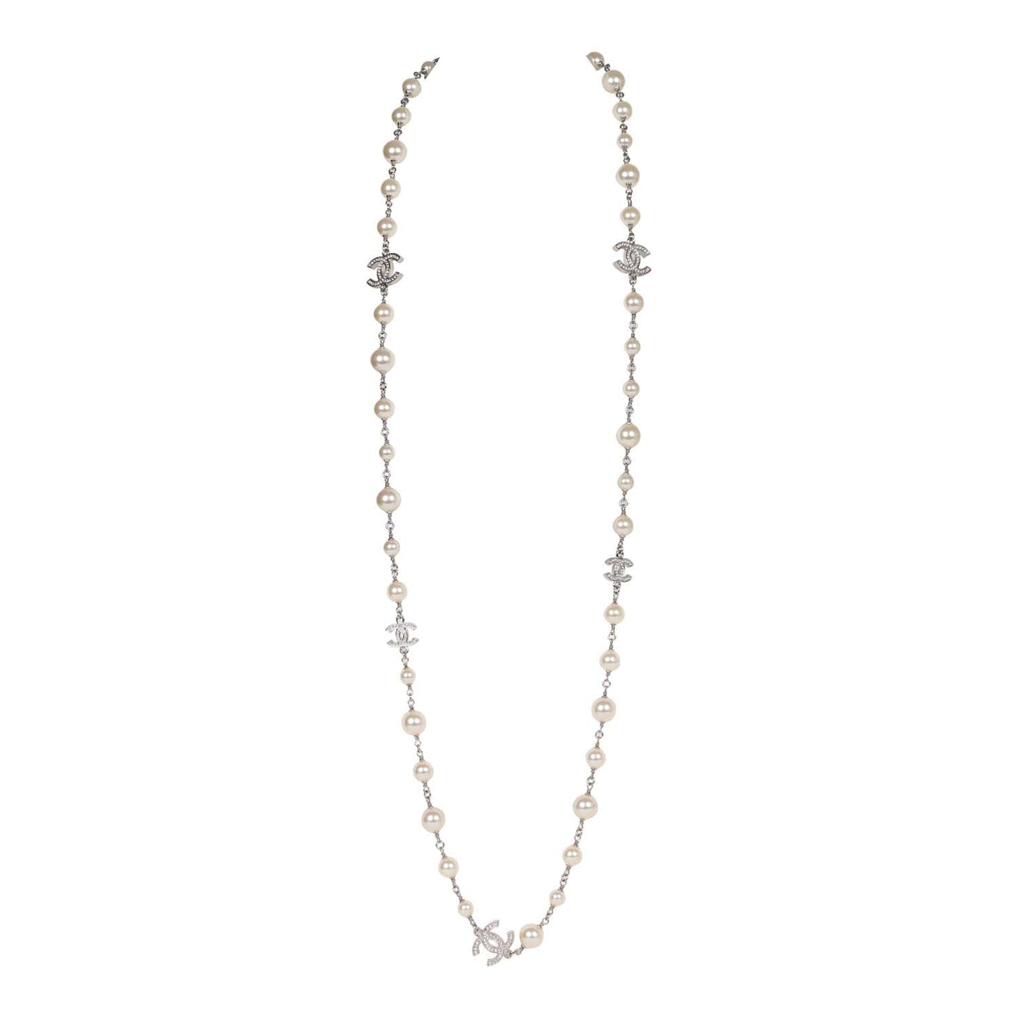 Chanel Silver Metal, White Strass, and White Pearl Logo Sautoir Necklace