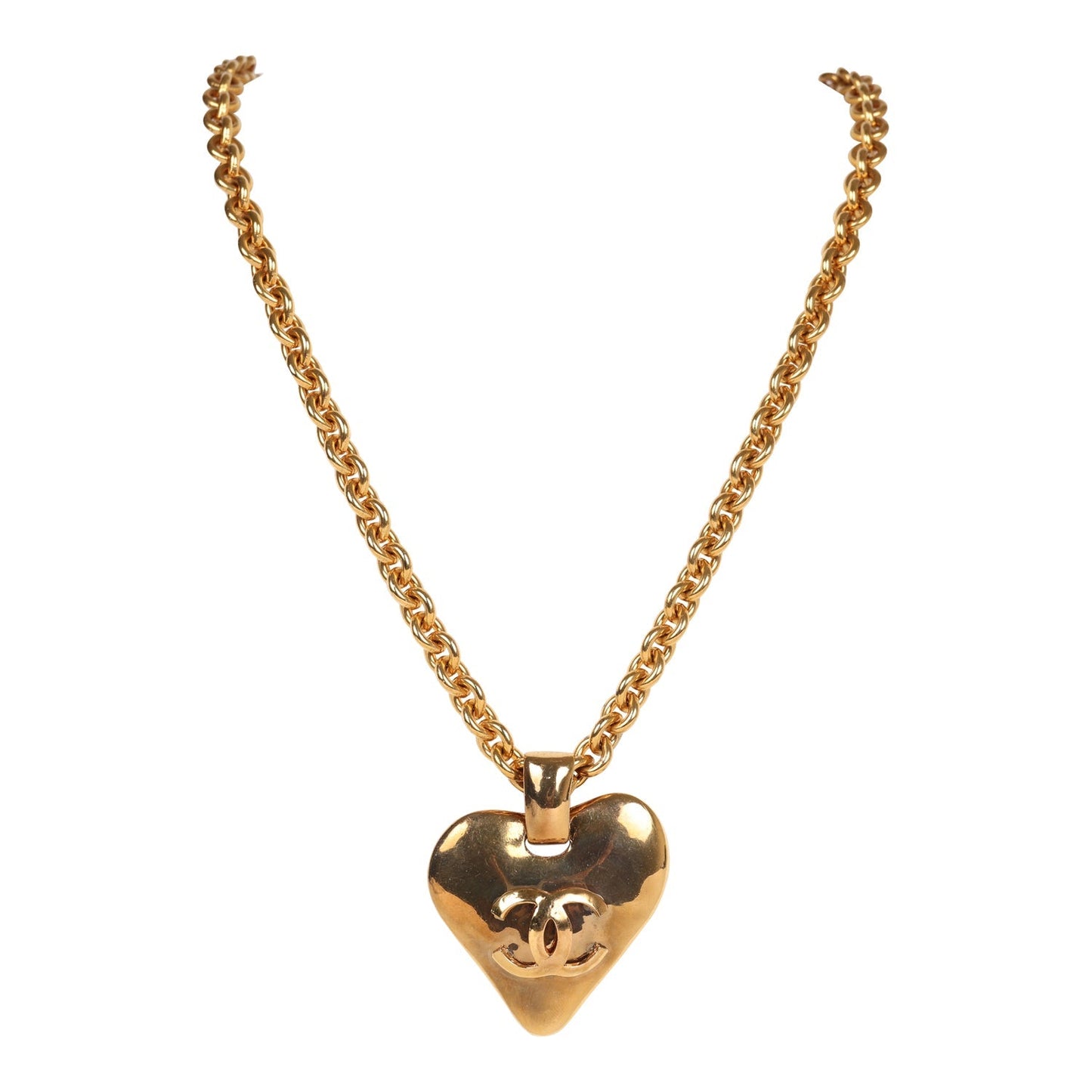 Chanel Vintage 24K Gold Plated Long CC Heart Pendant Necklace