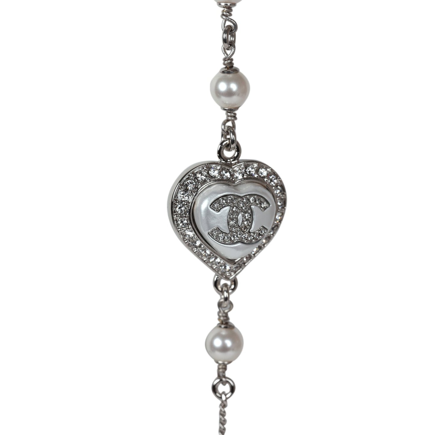 Chanel Silver Metal, White Strass, and White Pearl Logo and Hearts Sautoir Necklace