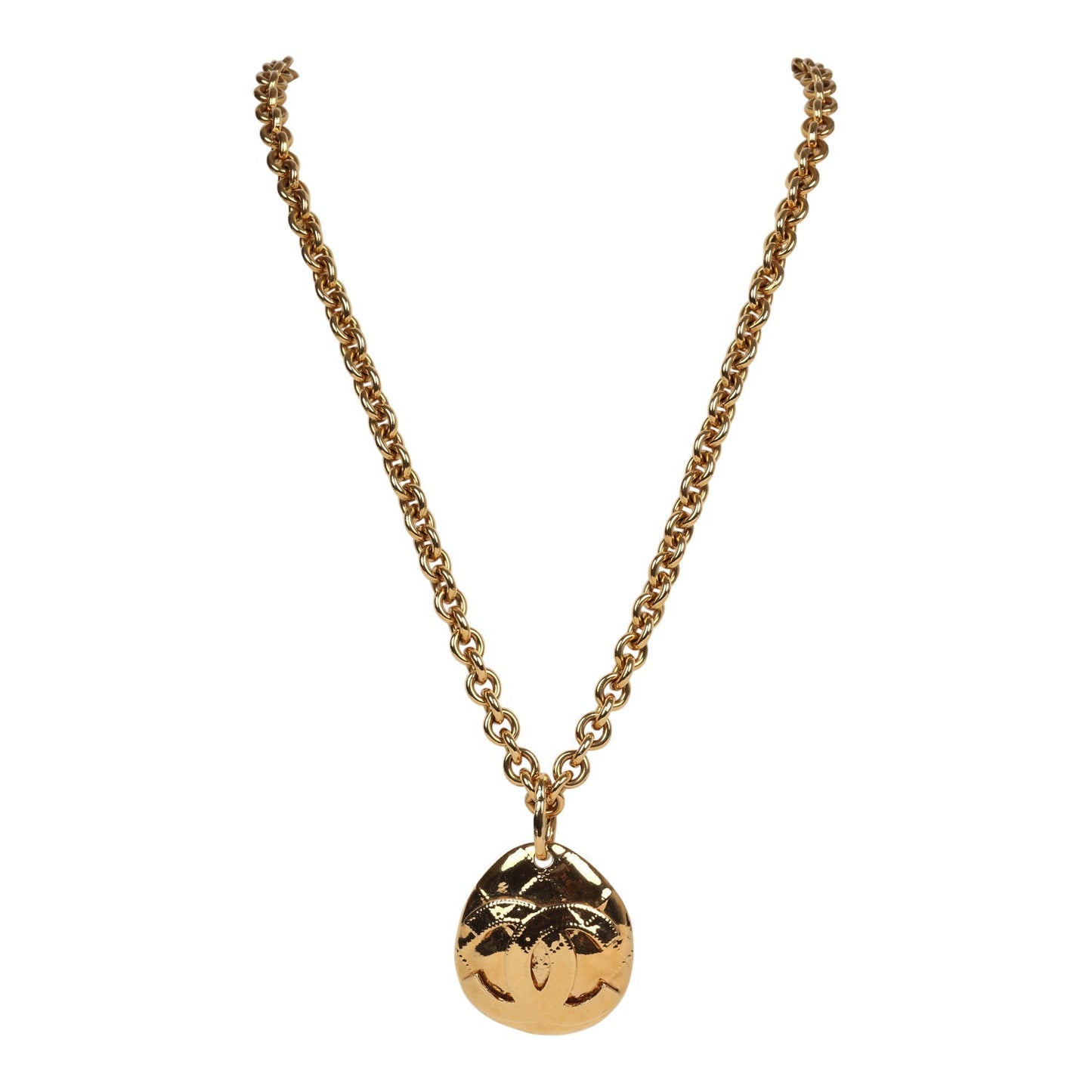 Chanel Vintage 24K Gold Plated CC Quilted Oval Pendant Necklace
