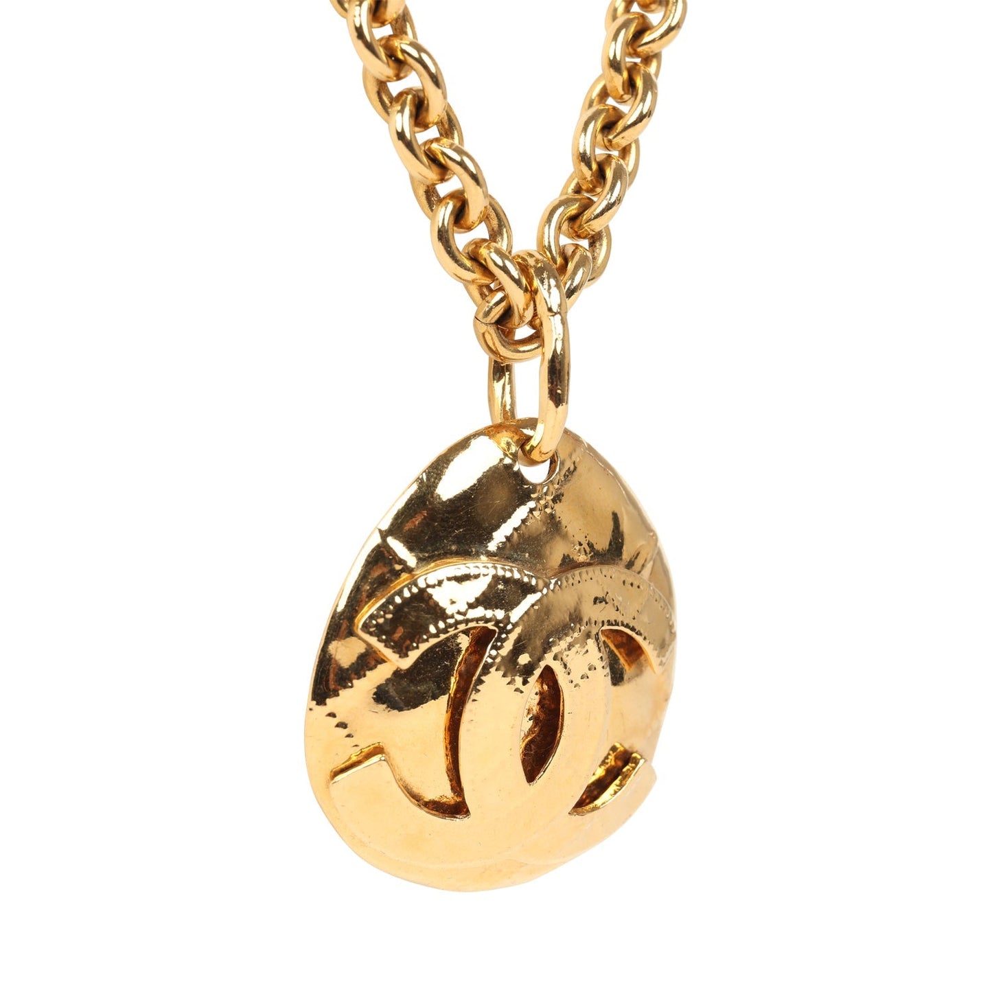 Chanel Vintage 24K Gold Plated CC Quilted Oval Pendant Necklace