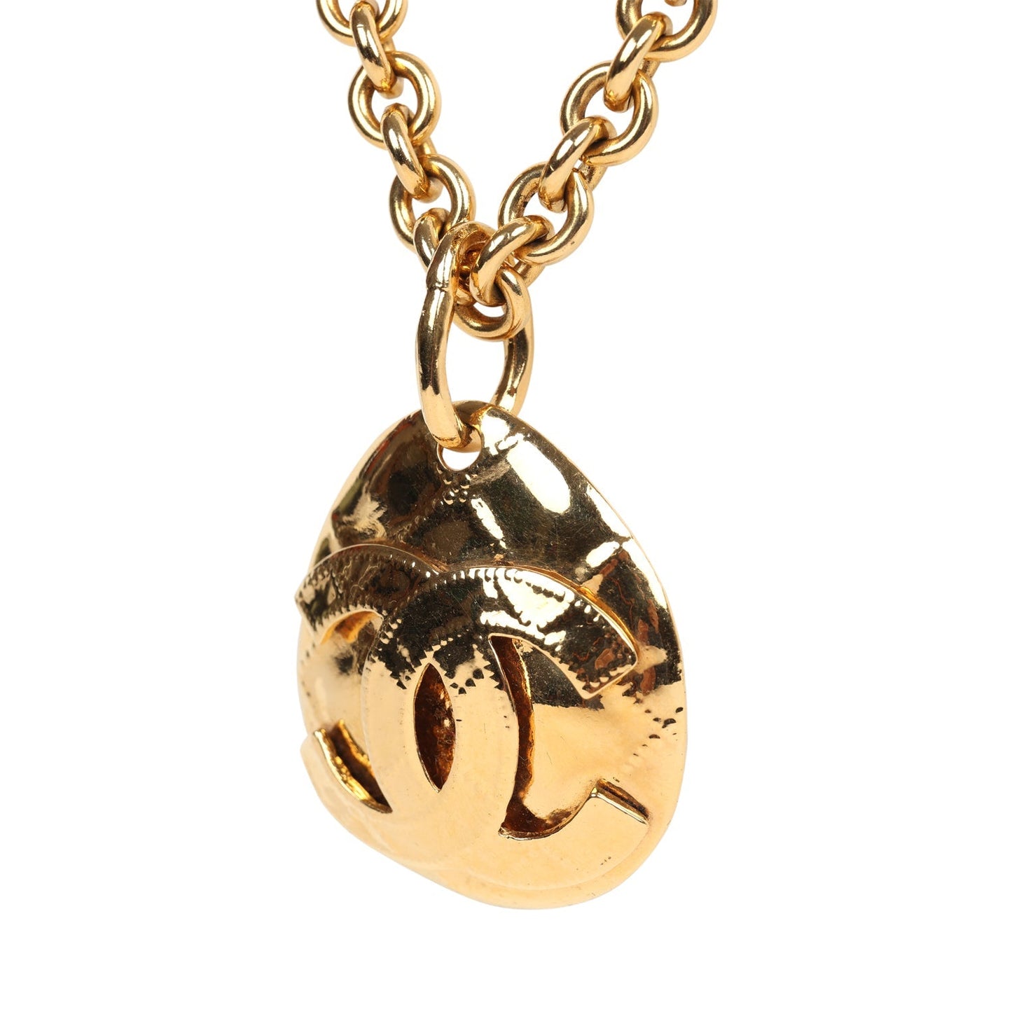 Chanel Vintage 24K Gold Plated CC Quilted Oval Pendant Necklace