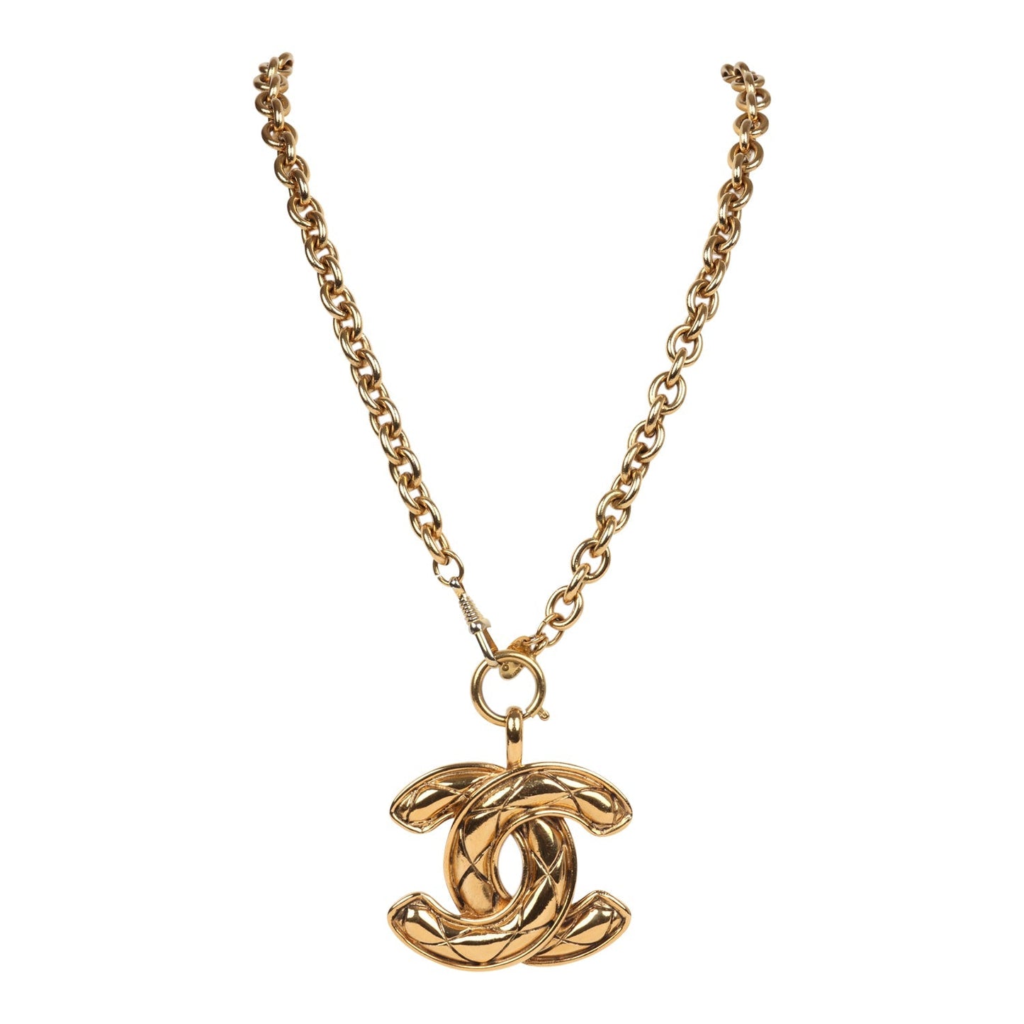 Chanel Vintage 24K Gold Plated Large CC Quilted Pendant Necklace