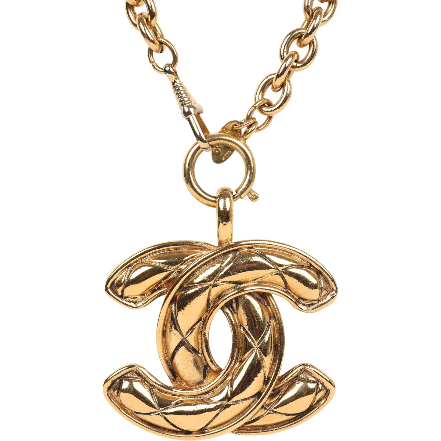 Chanel Vintage 24K Gold Plated Large CC Quilted Pendant Necklace