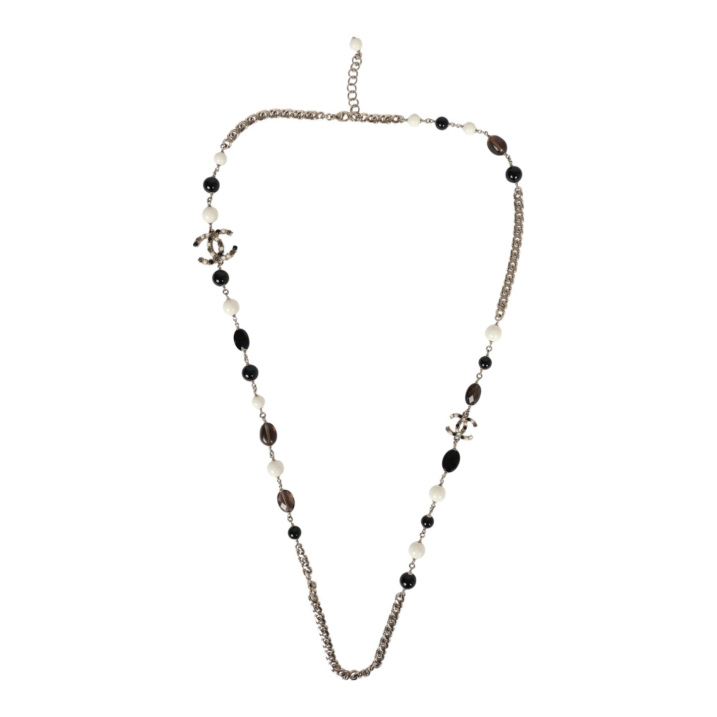 Chanel CC Long Beaded Necklace White/Black/Grey Light Gold Hardware