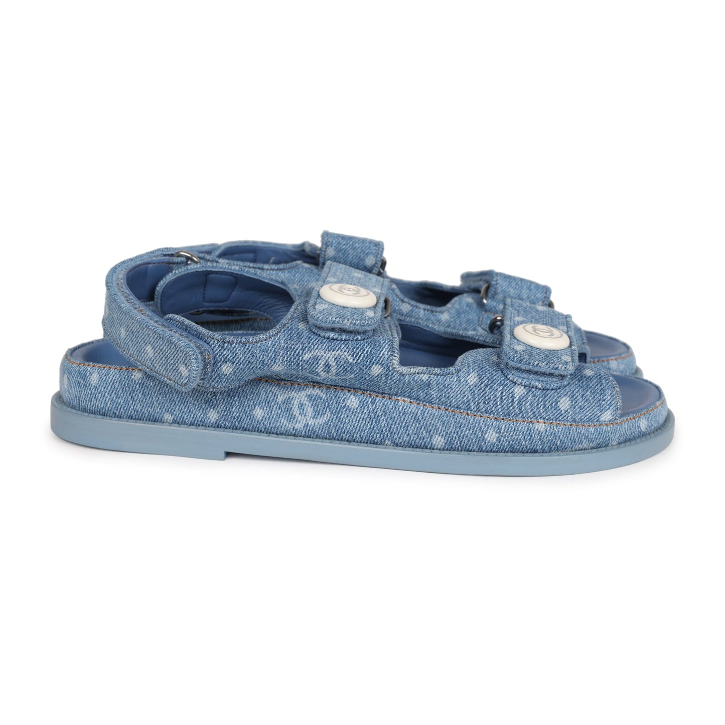 Chanel Dad Sandals Blue Denim Silver Hardware 38 EU