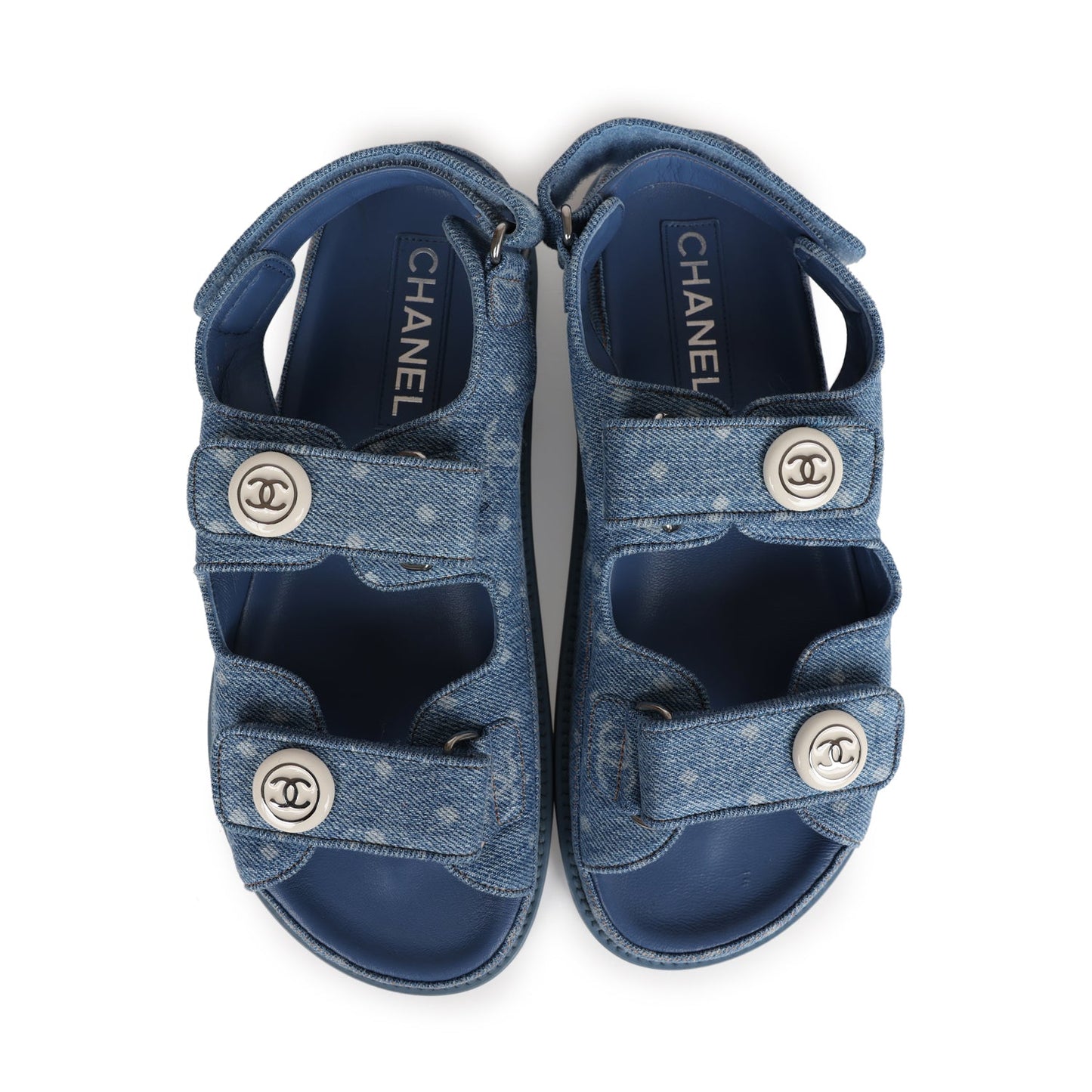 Chanel Dad Sandals Blue Denim Silver Hardware 38 EU