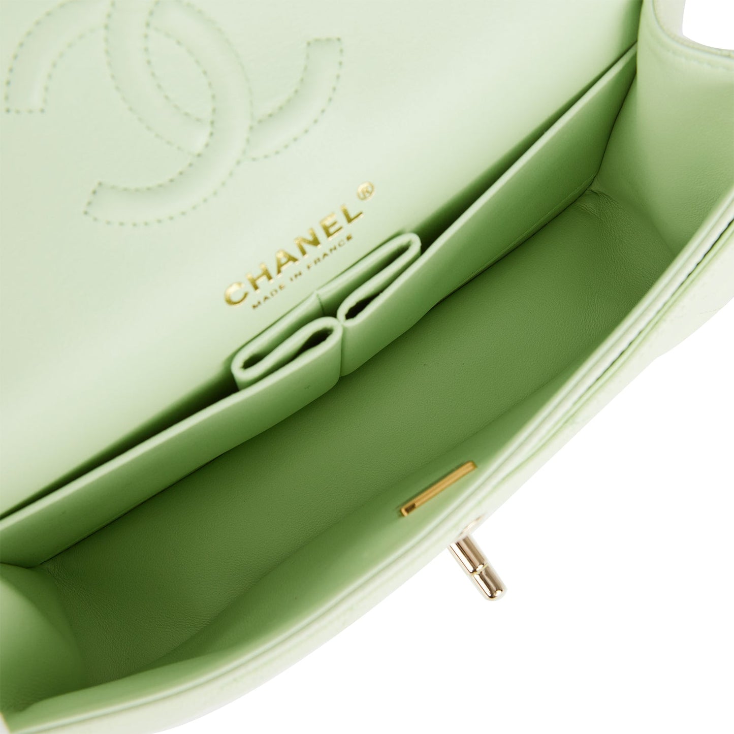 Chanel Small Classic Double Flap Light Green Caviar Light Gold Hardware