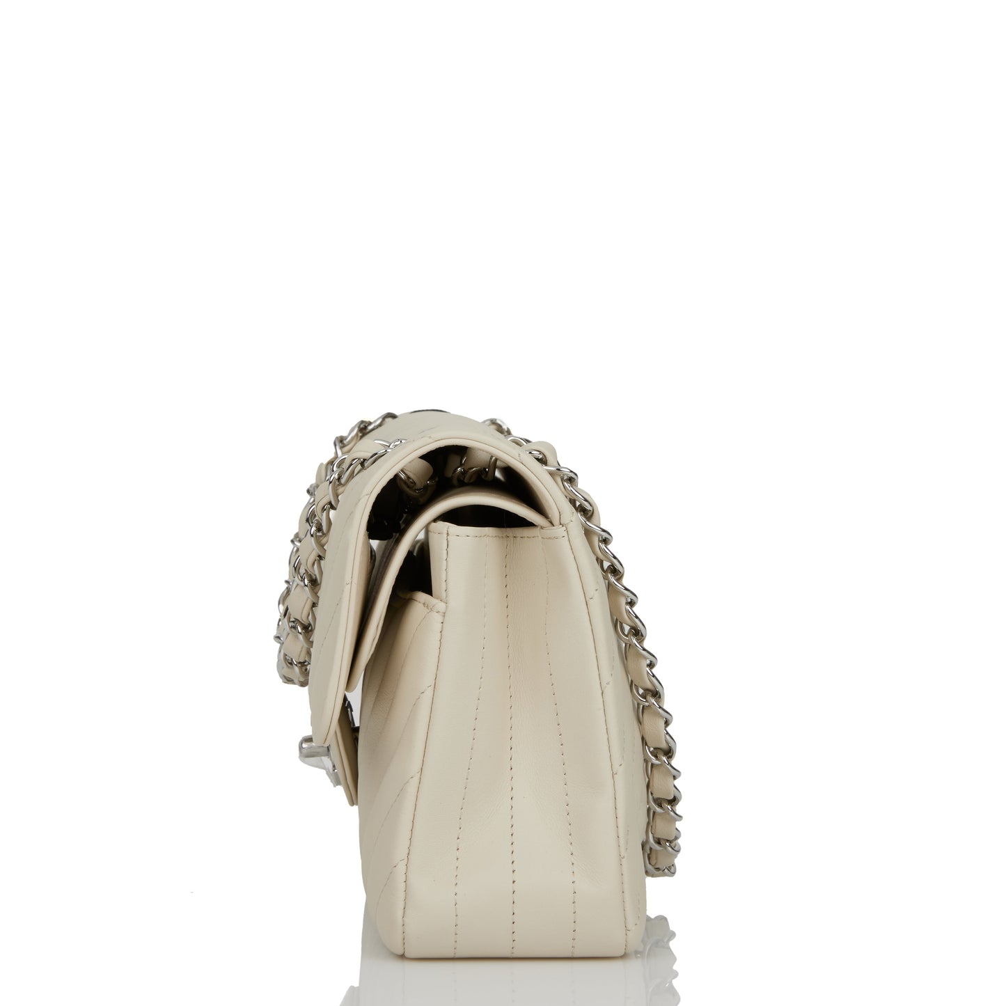 Chanel Small Chevron Classic Double Flap Ecru Calfskin Silver Hardware