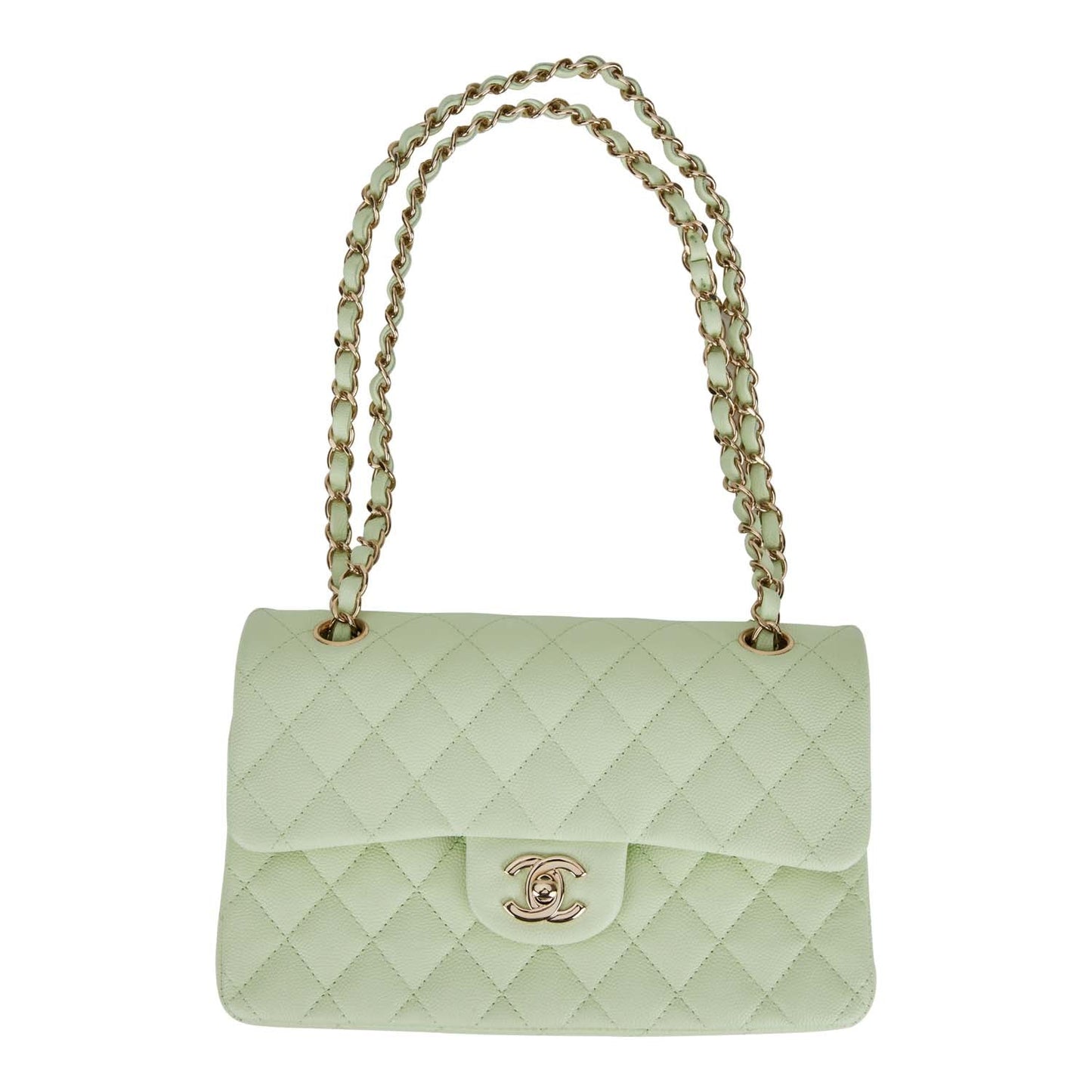 Chanel Small Classic Double Flap Light Green Caviar Light Gold Hardware