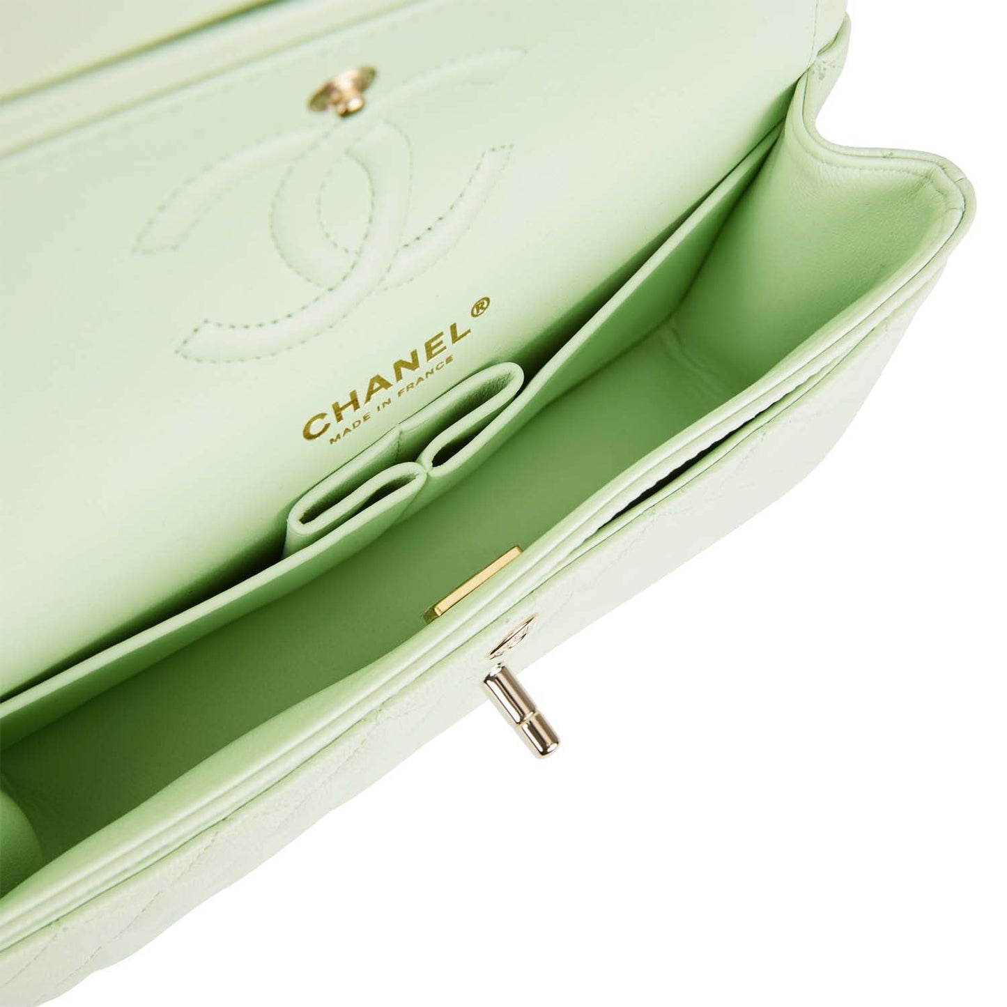 Chanel Small Classic Double Flap Light Green Caviar Light Gold Hardware