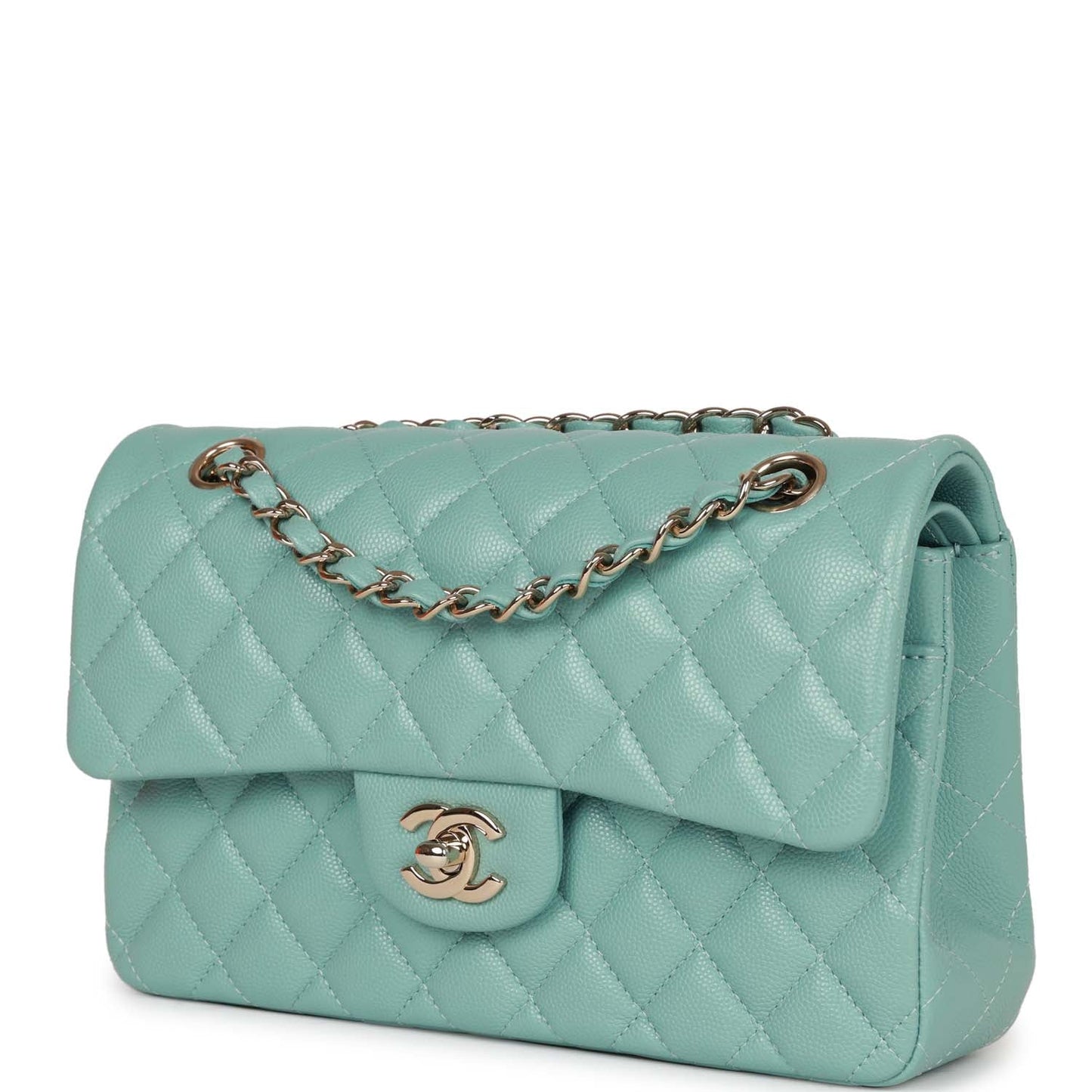 Chanel Small Classic Double Flap Bag Tiffany Blue Caviar Light Gold Hardware