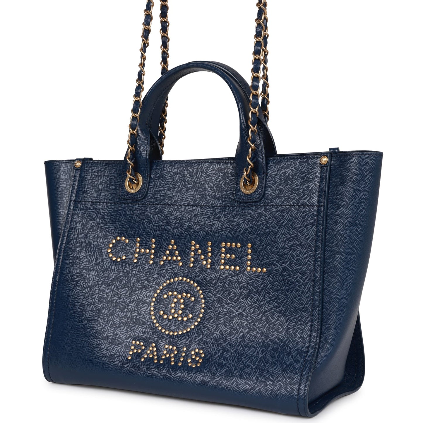 Chanel Small Deauville Shopping Bag Blue Caviar Antique Gold Hardware