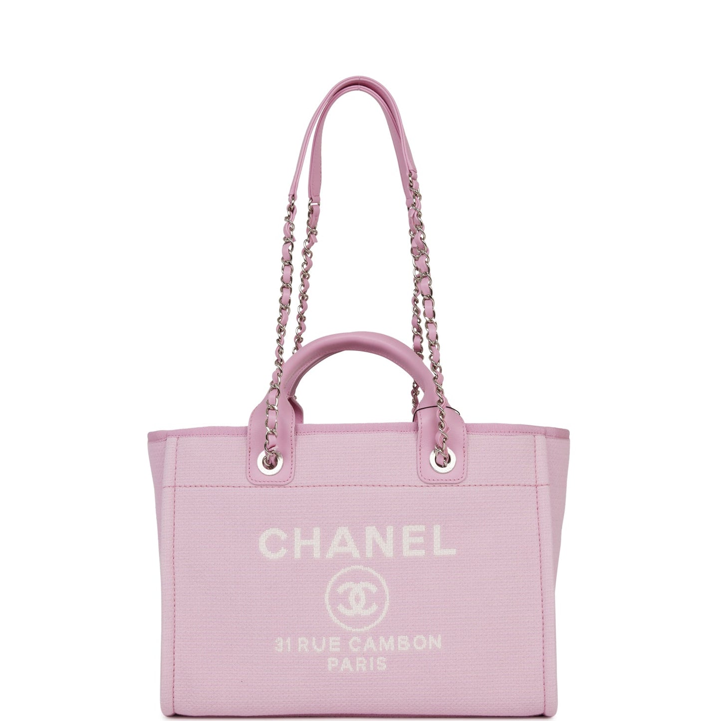 Chanel Small Deauville Shopping Bag Pink Boucle Silver Hardware