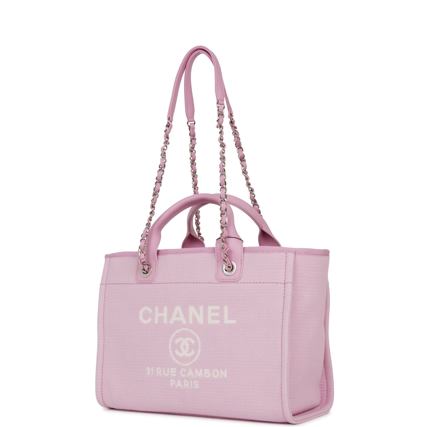 Chanel Small Deauville Shopping Bag Pink Boucle Silver Hardware