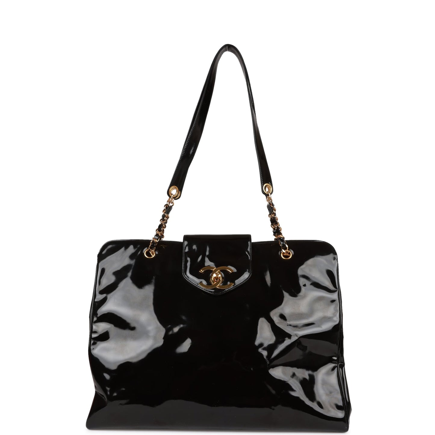 Chanel Vintage Supermodel Weekender Tote Bag Black Patent Gold Hardware