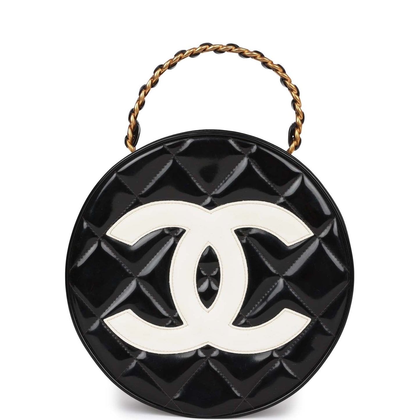 Chanel Vintage Round Vanity Bag Black and White Patent Leather Antique Gold Hardware