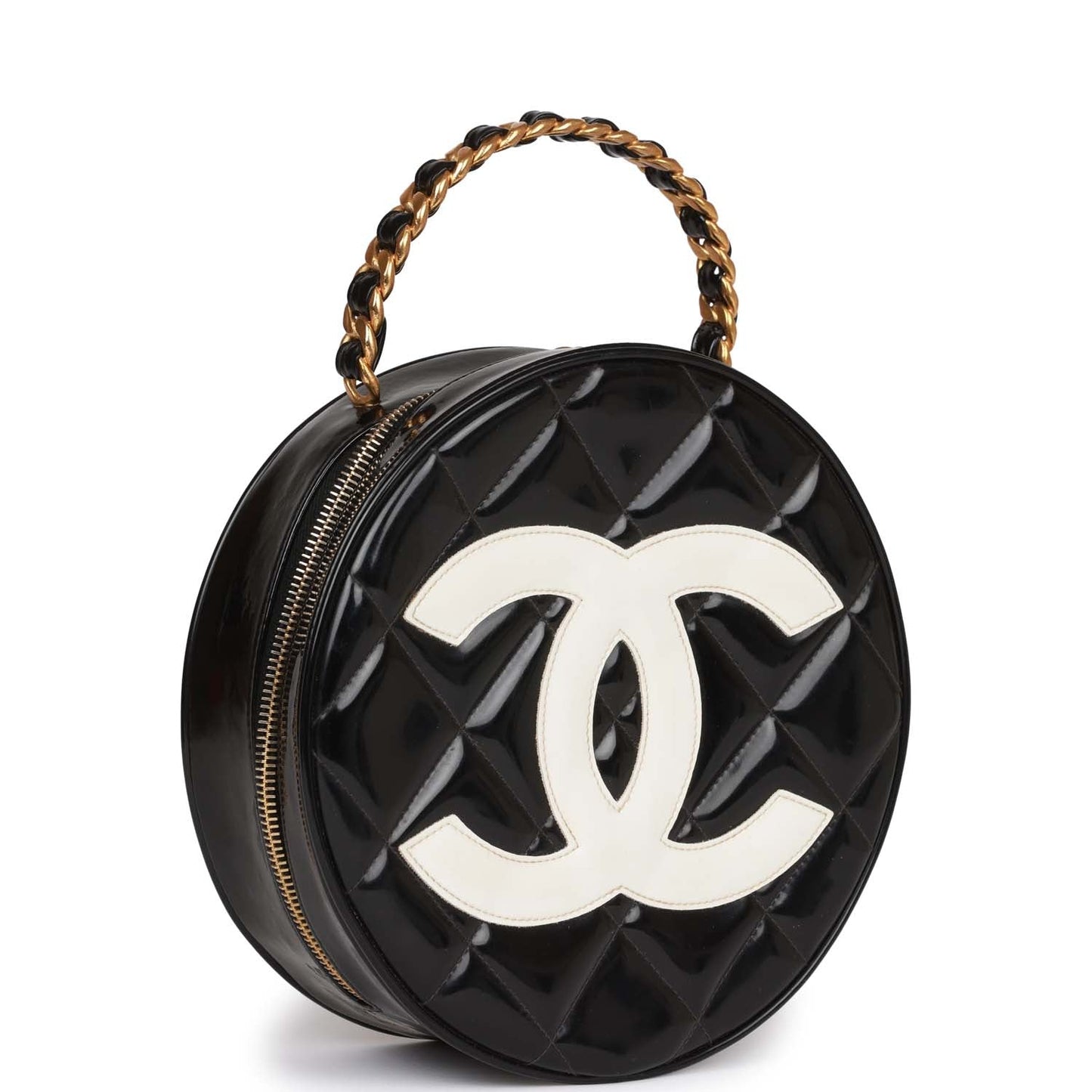 Chanel Vintage Round Vanity Bag Black and White Patent Leather Antique Gold Hardware