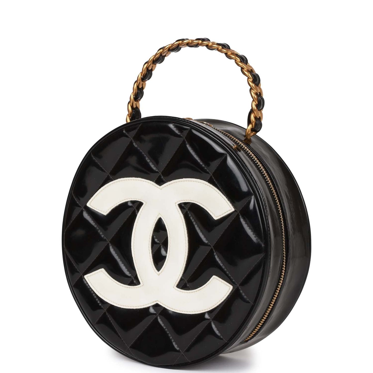 Chanel Vintage Round Vanity Bag Black and White Patent Leather Antique Gold Hardware