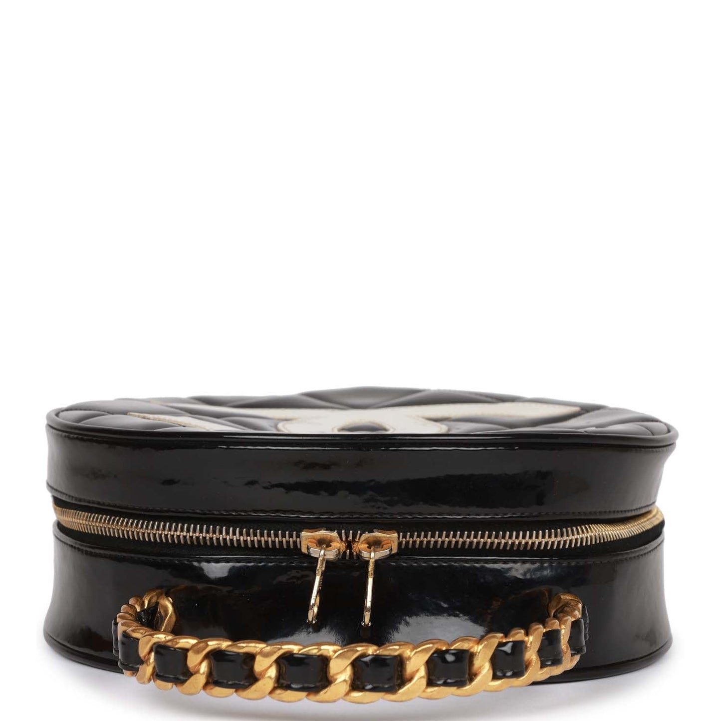 Chanel Vintage Round Vanity Bag Black and White Patent Leather Antique Gold Hardware