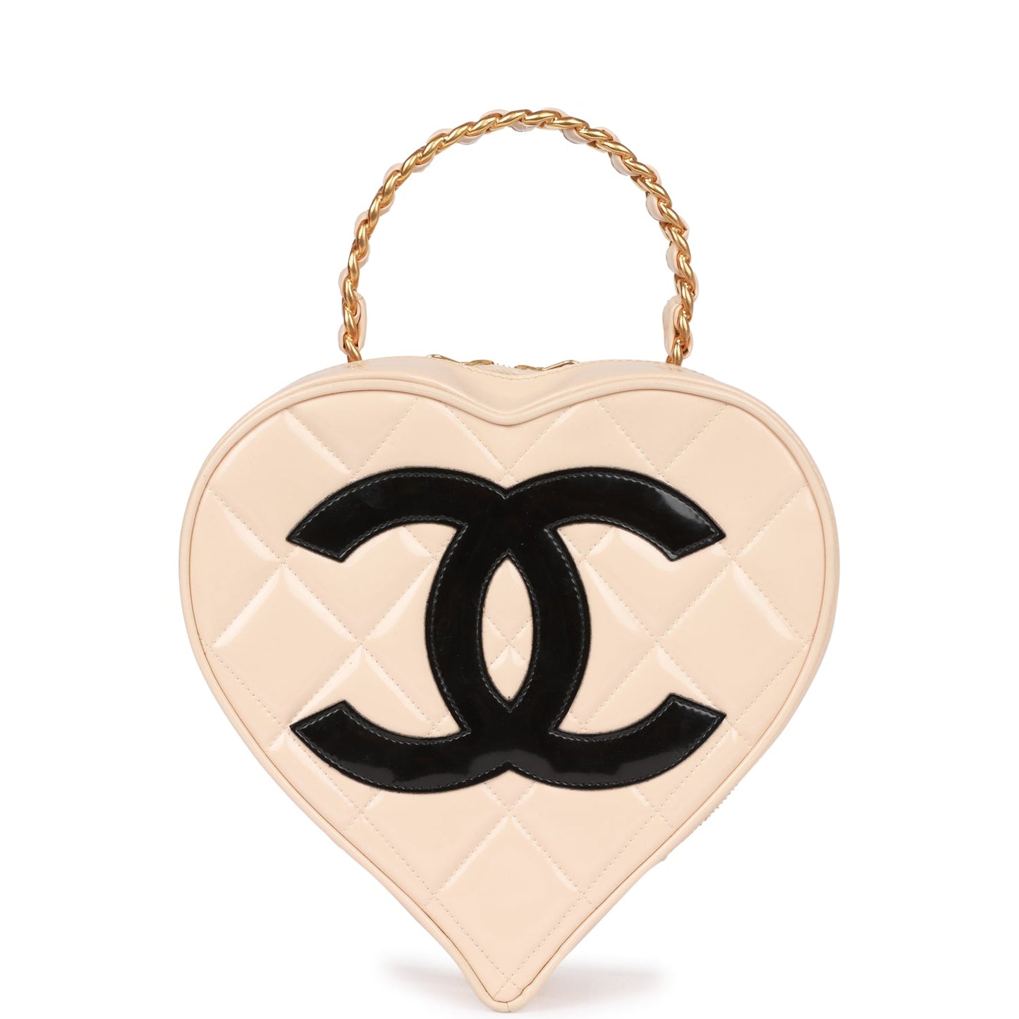 Chanel Vintage Heart Vanity Bag Beige and Black Patent Antique Gold Hardware