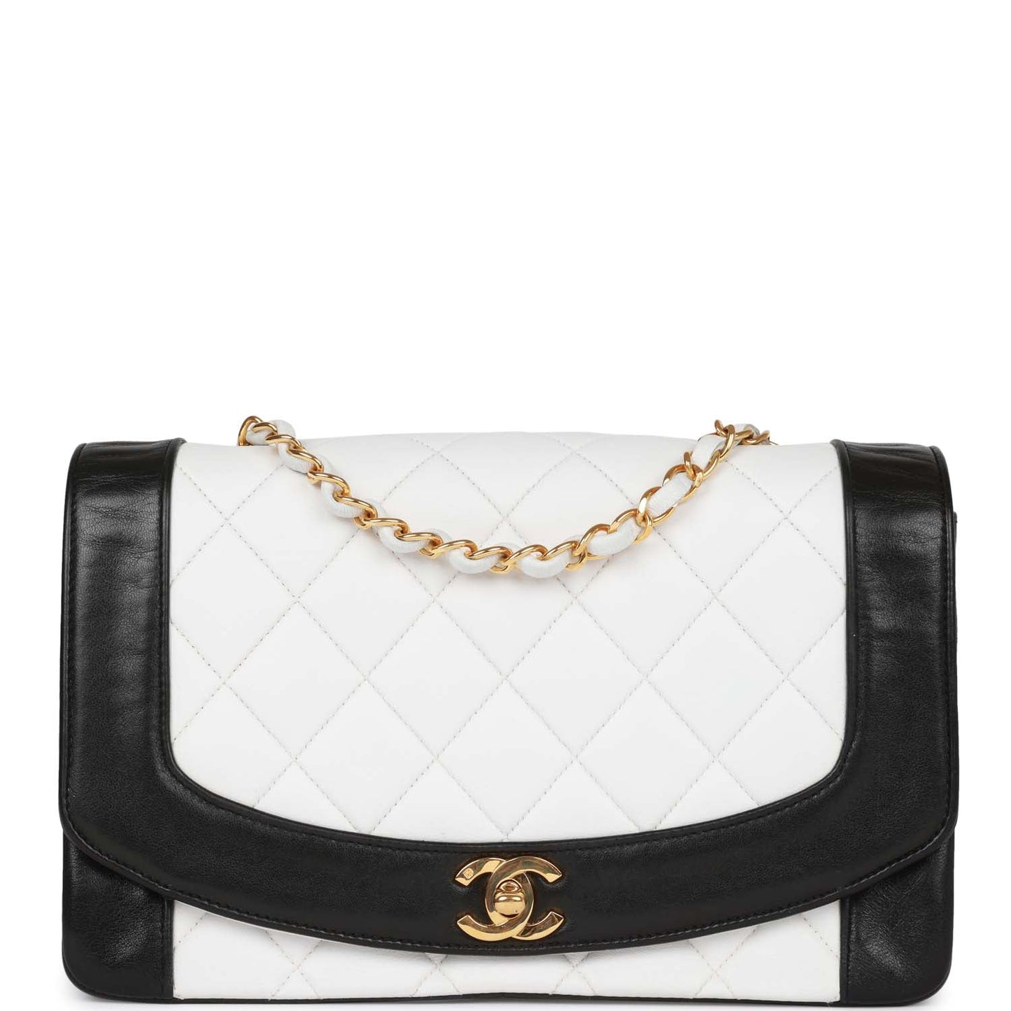 Chanel Vintage Medium Diana Flap Bag White and Black Lambskin Gold Hardware