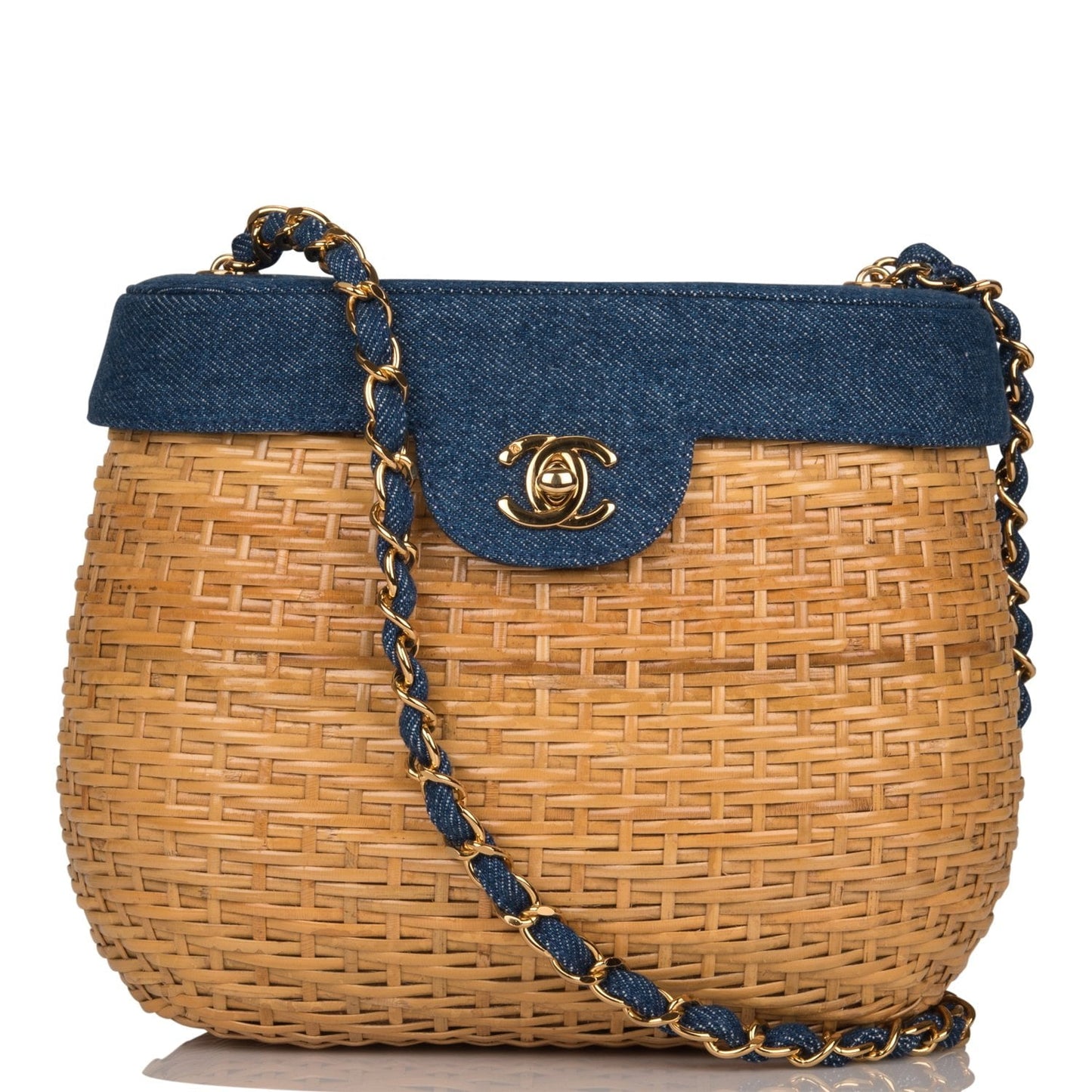 Chanel Vintage Basket Bag Denim and Wicker Gold Hardware