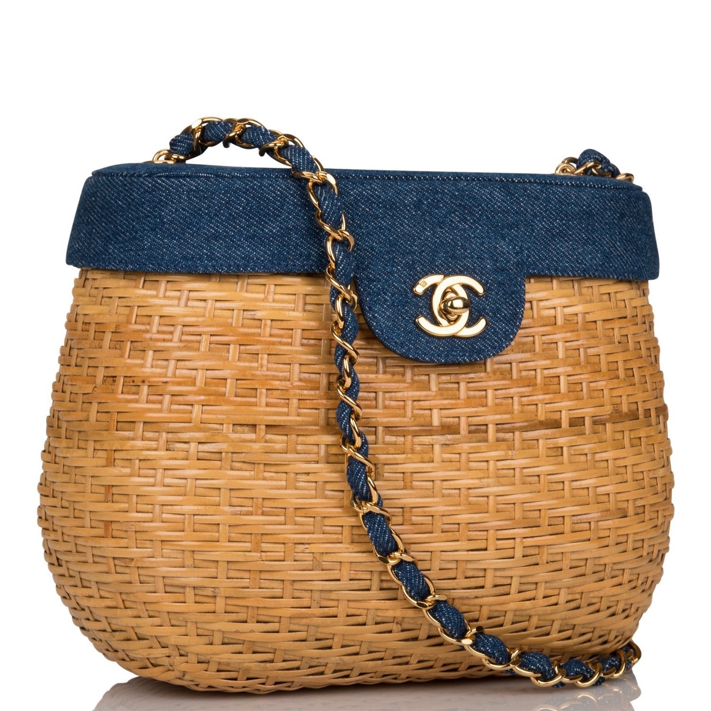 Chanel Vintage Basket Bag Denim and Wicker Gold Hardware