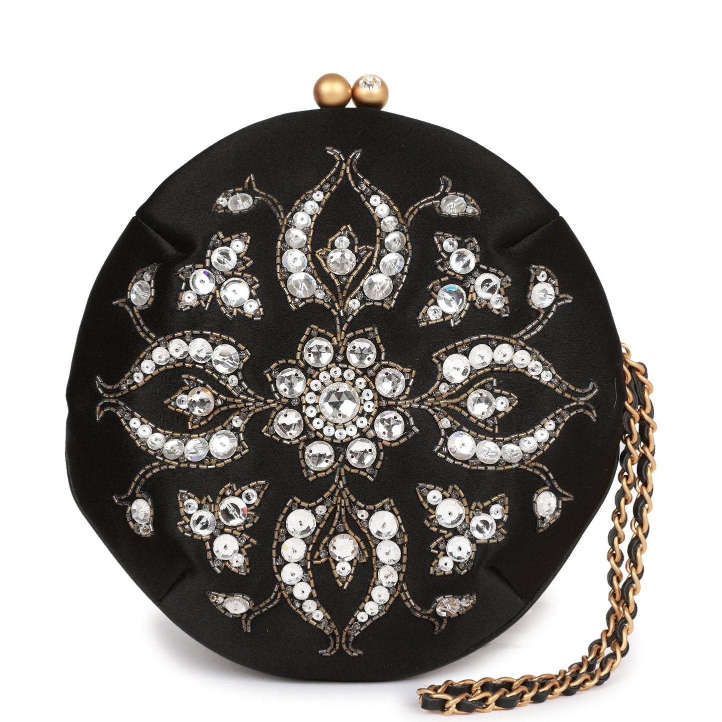 Chanel Vintage Clutch Bag Black Satin Embellished Antique Gold Hardware