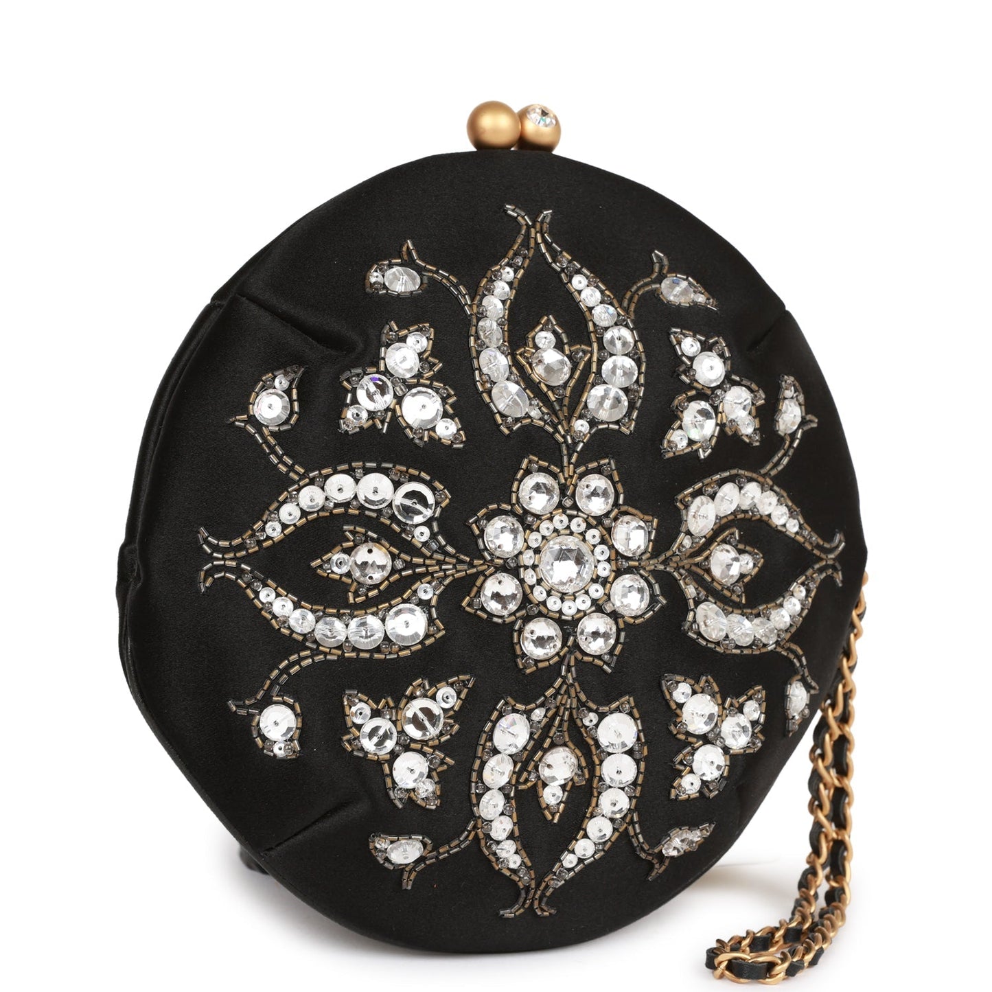 Chanel Vintage Clutch Bag Black Satin Embellished Antique Gold Hardware