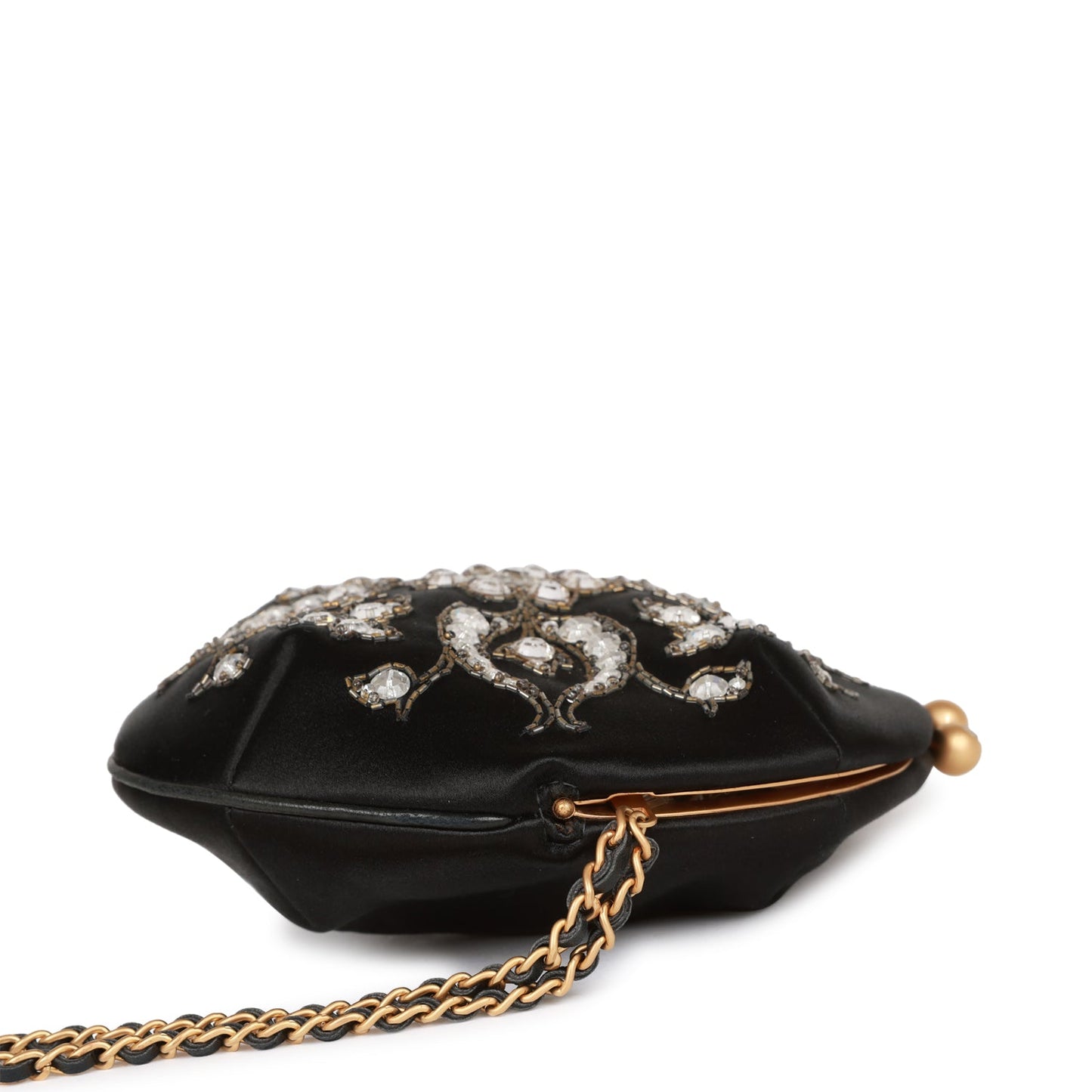 Chanel Vintage Clutch Bag Black Satin Embellished Antique Gold Hardware