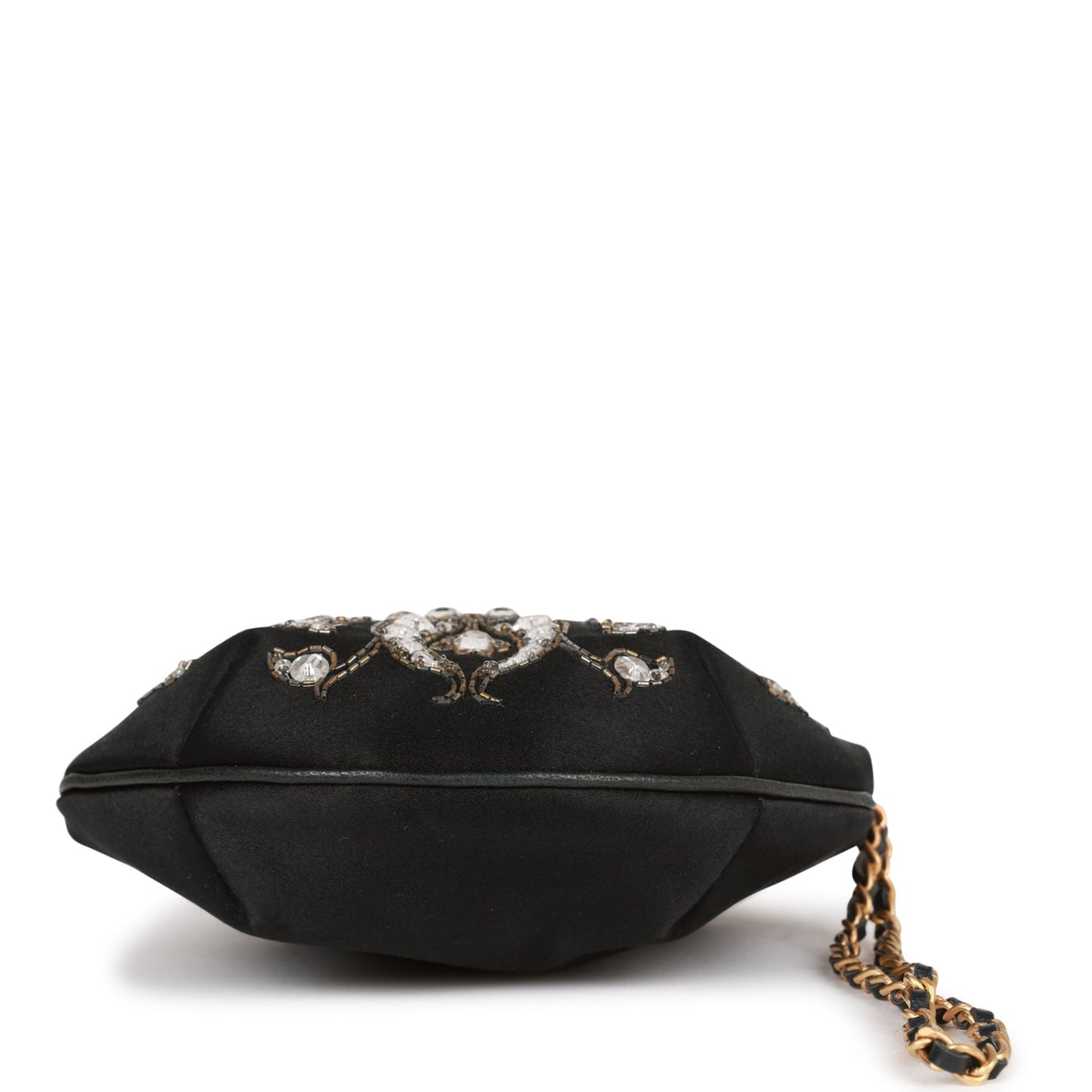 Chanel Vintage Clutch Bag Black Satin Embellished Antique Gold Hardware