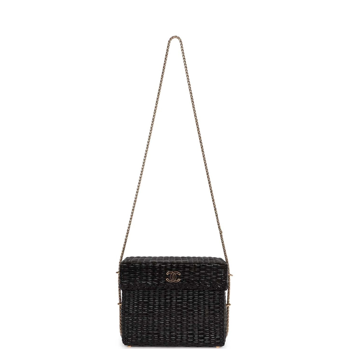 Chanel Vintage Wicker Picnic Basket Bag Black Gold Hardware