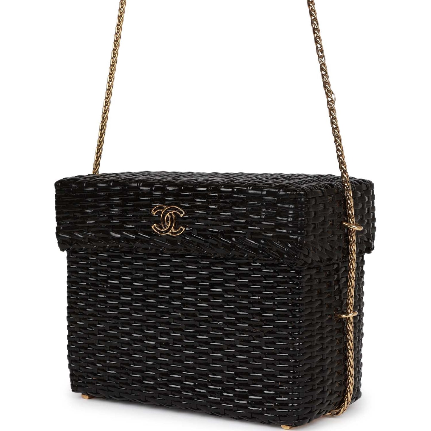Chanel Vintage Wicker Picnic Basket Bag Black Gold Hardware