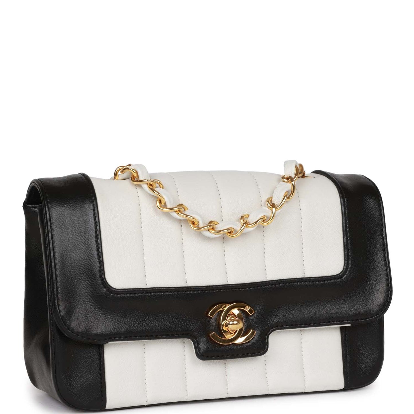 Chanel Vintage Mini Mademoiselle Bag Black and White Lambskin Gold Hardware
