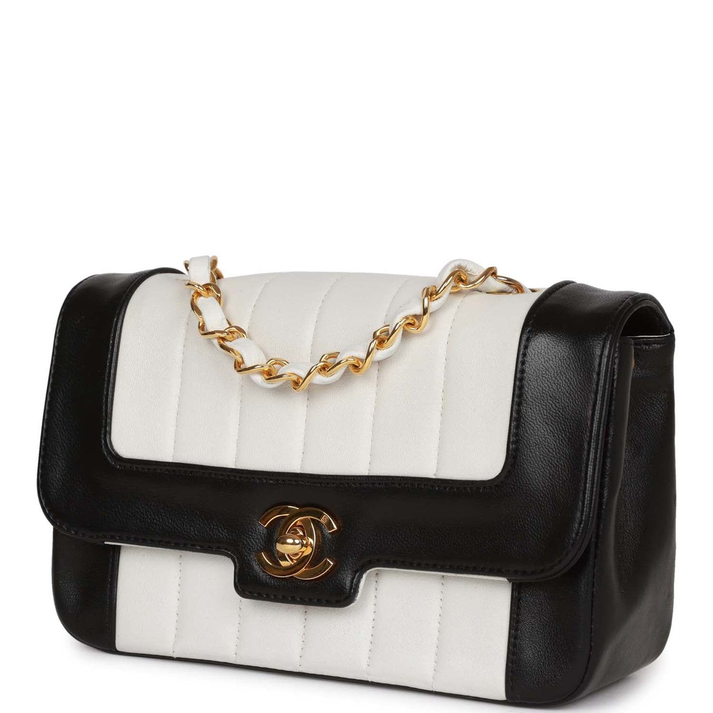 Chanel Vintage Mini Mademoiselle Bag Black and White Lambskin Gold Hardware