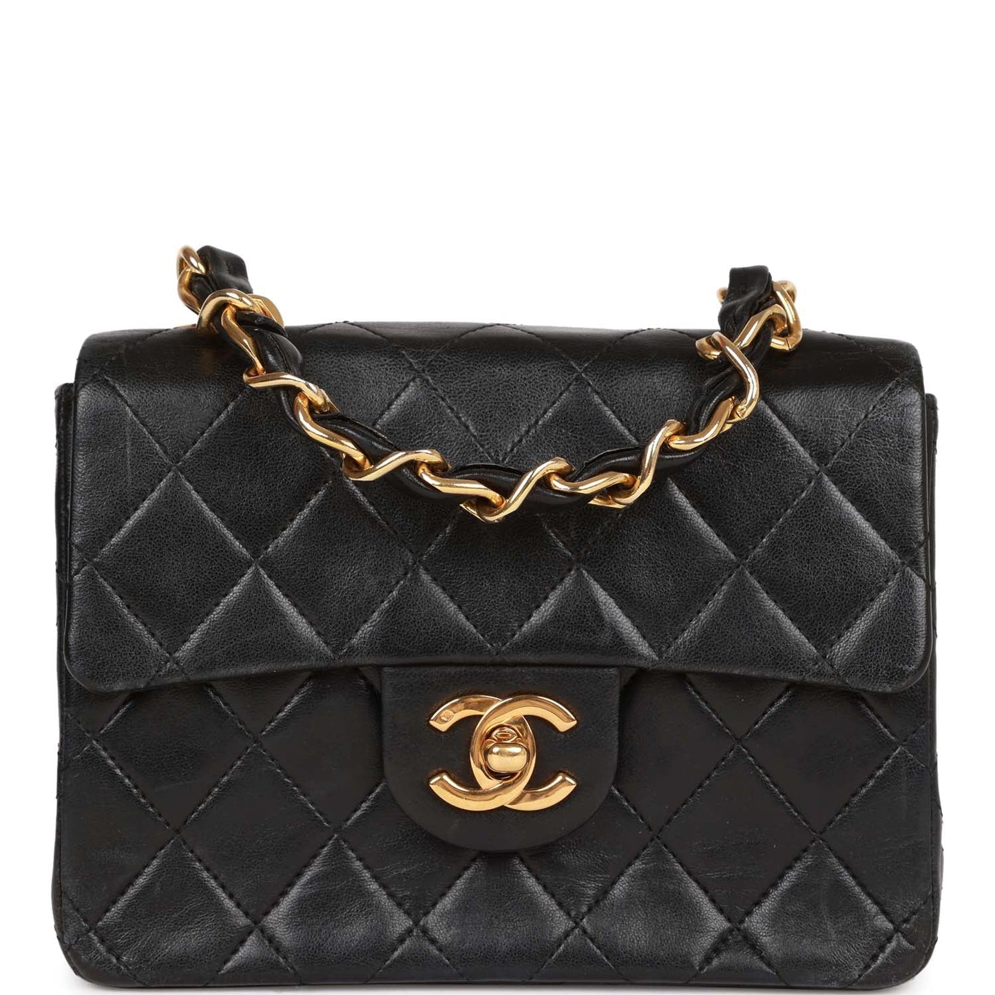 Chanel Vintage Mini Flap Chain Handle Bag Black Lambskin Gold Hardware