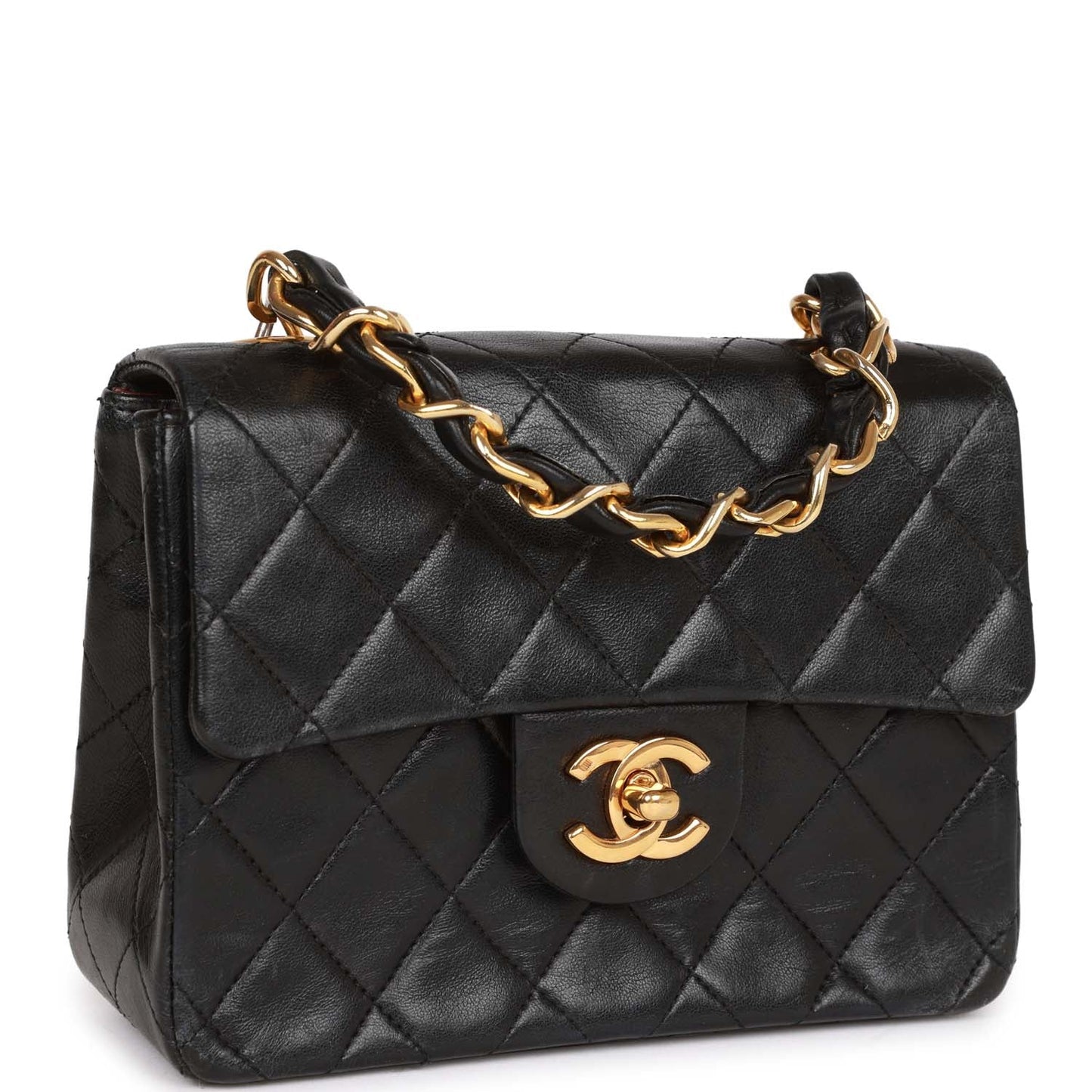 Chanel Vintage Mini Flap Chain Handle Bag Black Lambskin Gold Hardware