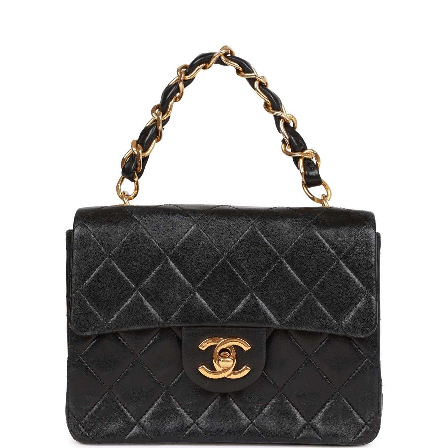 Chanel Vintage Mini Flap Chain Handle Bag Black Lambskin Gold Hardware