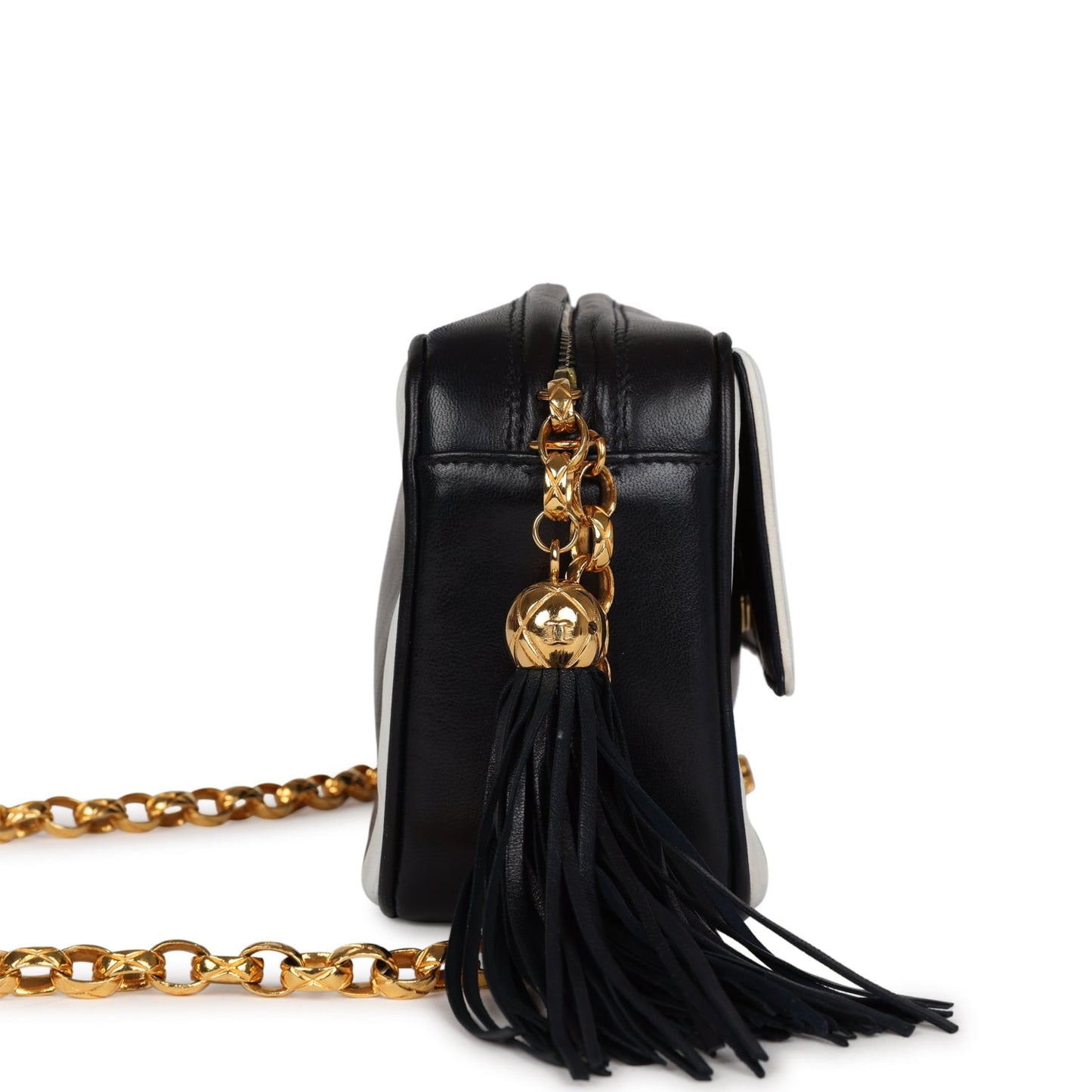 Chanel Vintage Fringe Chain Camera Bag Navy and White Lambskin Gold Hardware