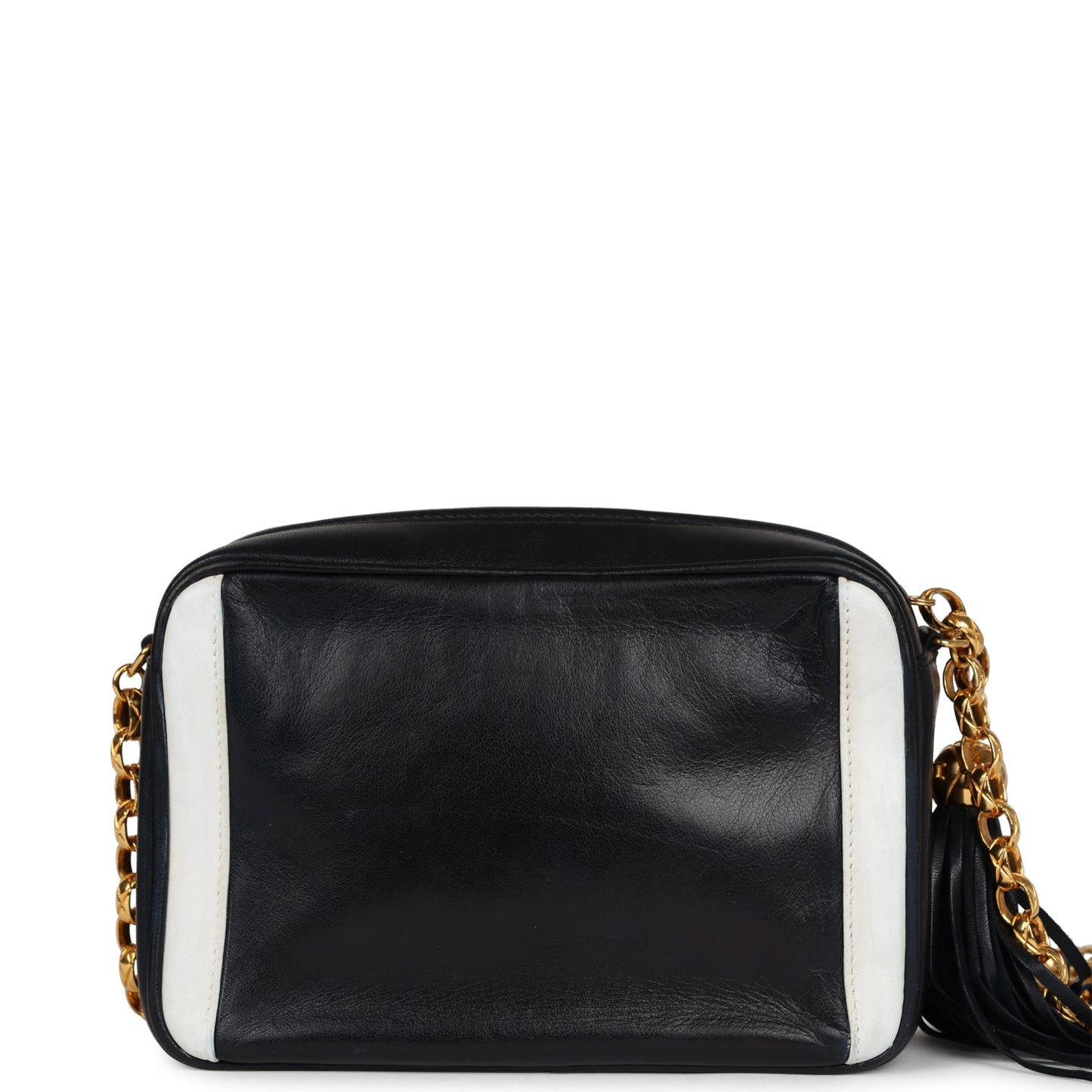 Chanel Vintage Fringe Chain Camera Bag Navy and White Lambskin Gold Hardware